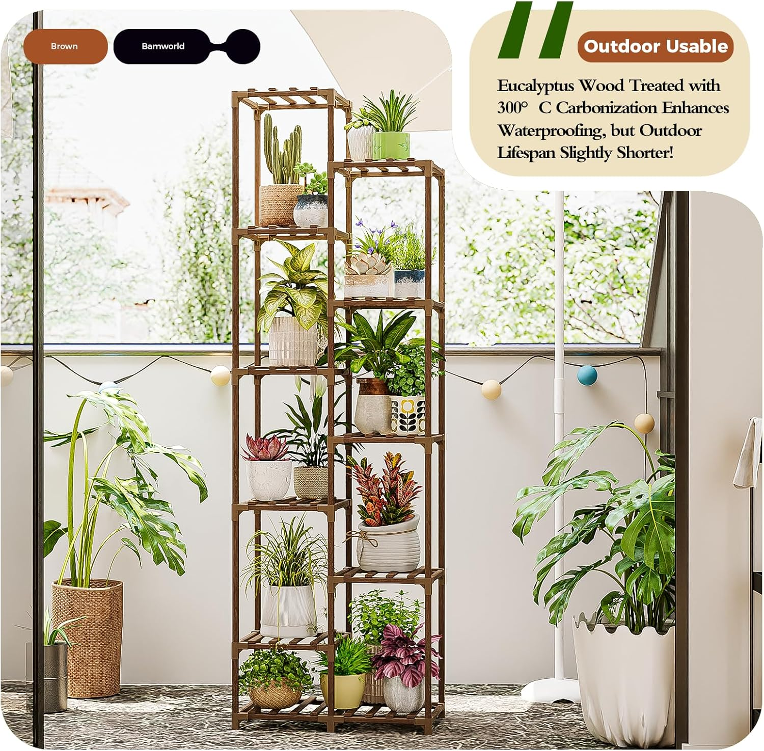 Bamworld Plant Stand Indoor 72'' Tall Plant Shelf Outdoor Large Wood Plant Rack Corner Flower Stand Tiered Plant Holder for Multiple Plants Pots for Patio Porch Balcony Garden