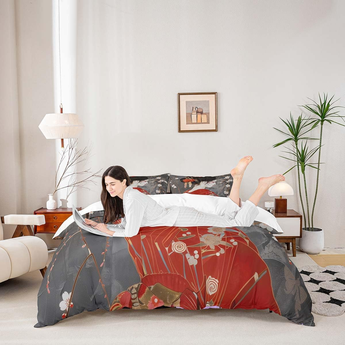 Homemissing Kids Japan Geisha Bedding Set Single Size Boys Girls Cherry Blossoms Comforter Cover Set Japanese Style Duvet Cover Japanese Tradition Aesthetic Bedspread Cover (No Comforter) image number 3