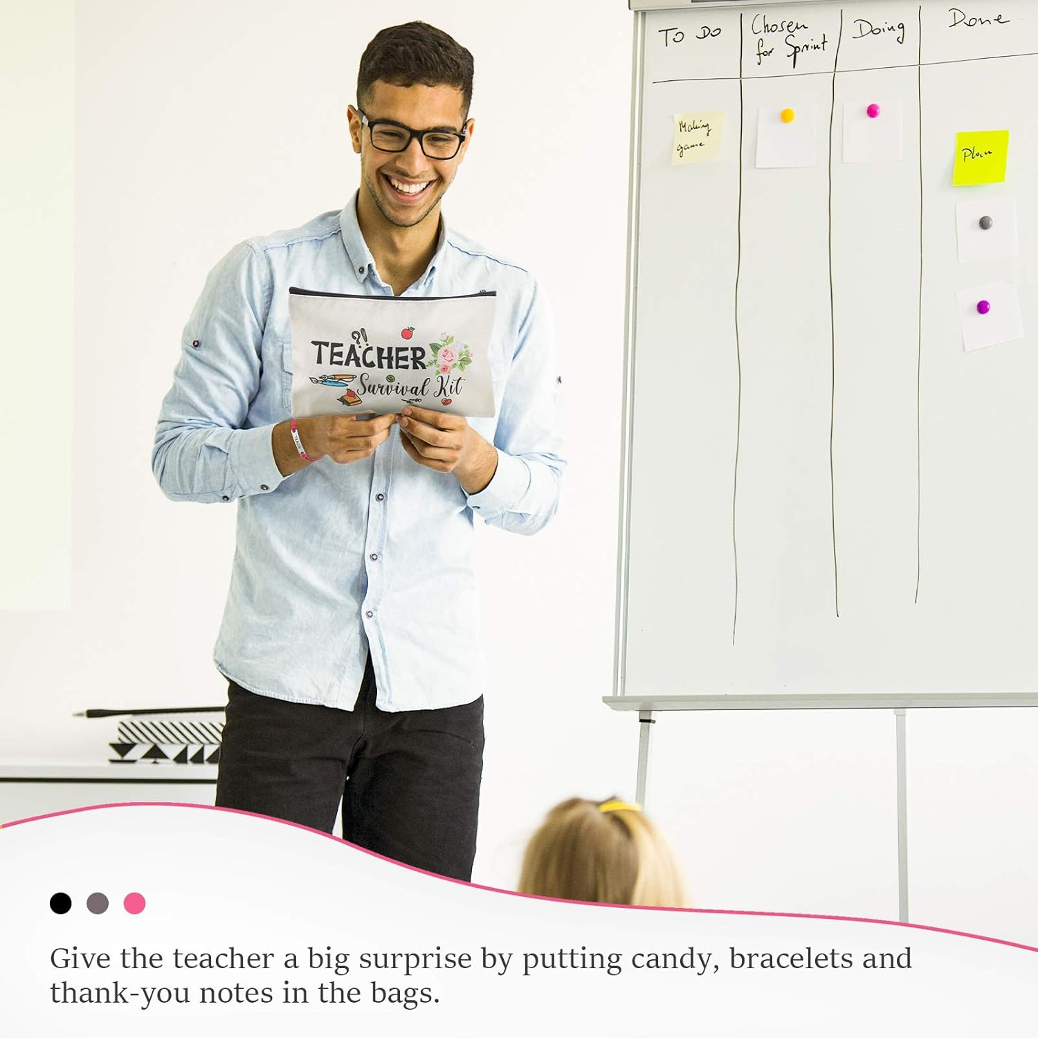 Weewooday 12 Pcs Teacher Appreciation Present Set 6 Teacher Survival Kit Bag Makeup Pouch Pencil Bag, 6 Blessing Card Bracelet Kit(9 X 5.9 Inch,Cute Style) image number 4