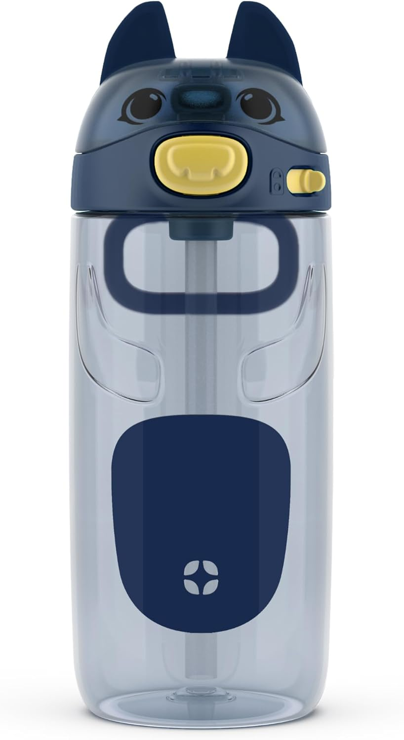 Ello Ellies 16Oz Plastic Kids Water Bottle with Straw and Built-In Carrying Handle and Leak-Proof Locking Lid for School Backpack, Lunchbox and Outdoor Sports, Dog