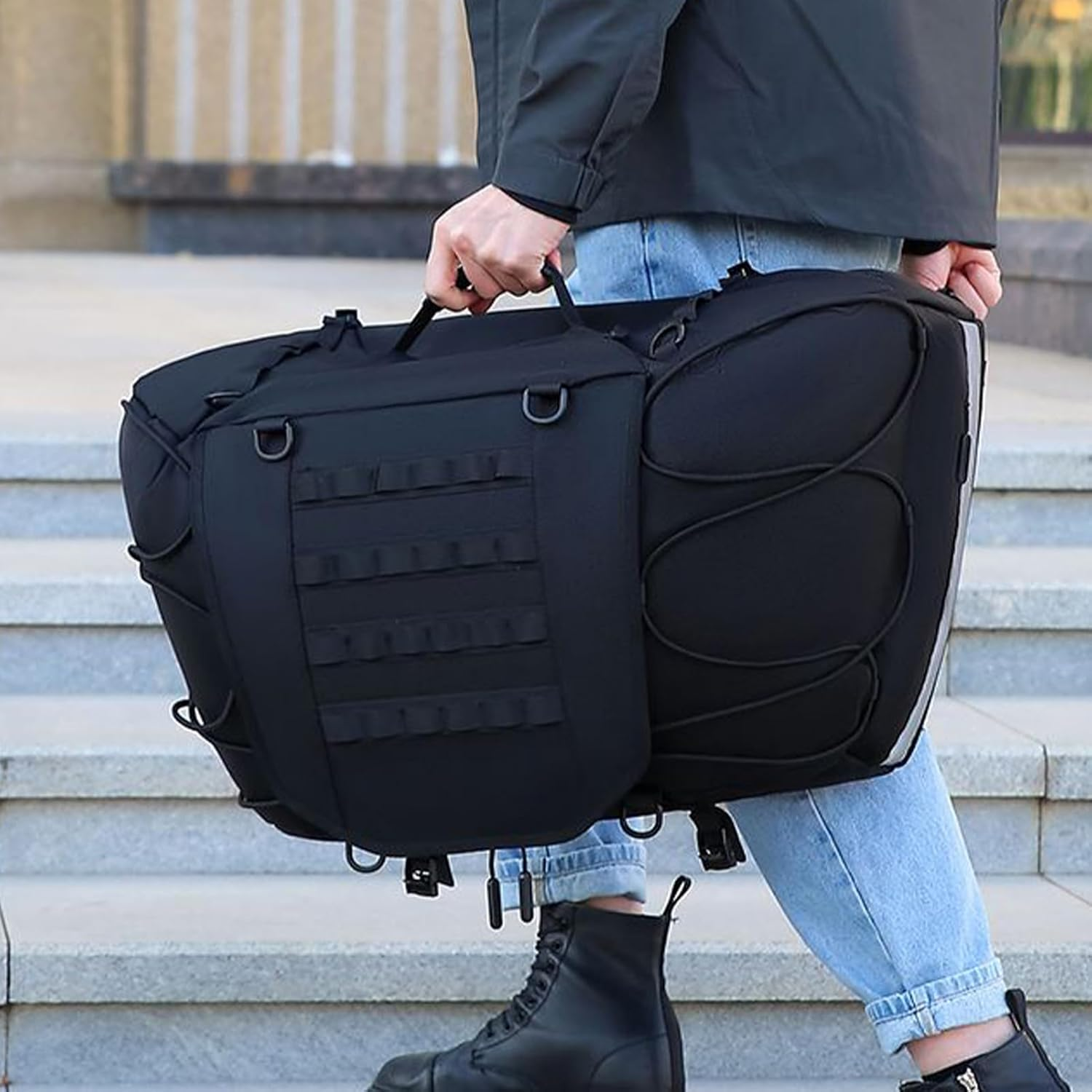 Rronnoy Rear Bag Motorcycle, Motorbikes Rear Seat Saddle Bag Waterproof, Adjustable Storage Saddlebag All-Weather Trunk Luggage for Travel Road Trip Cycling Touring Night Rainy Days