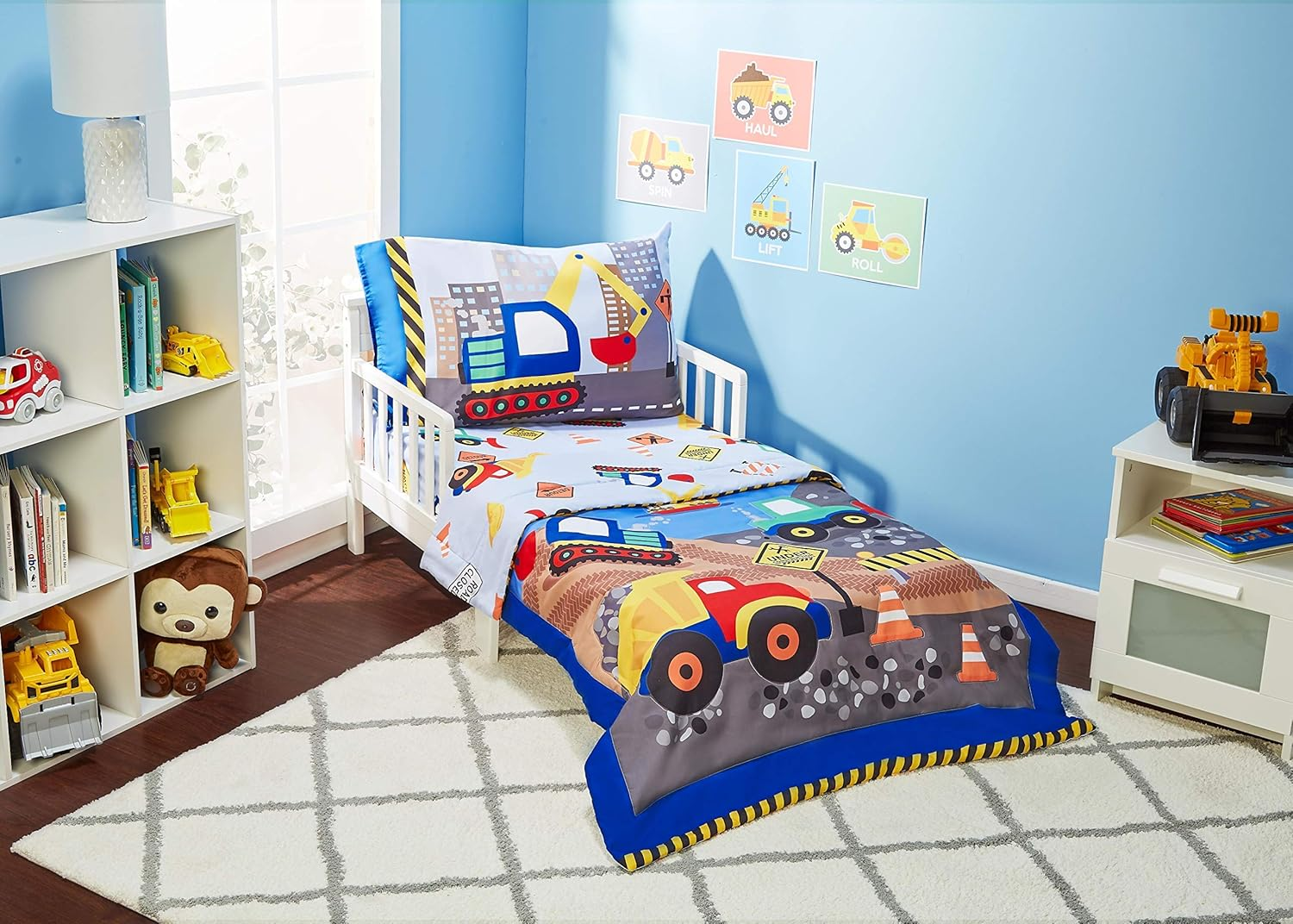 Everyday Kids 4 Piece Toddler Bedding Set -Fire and Police Rescue- Includes Comforter Flat Sheet Fitted Sheet and Reversible Pillowcase