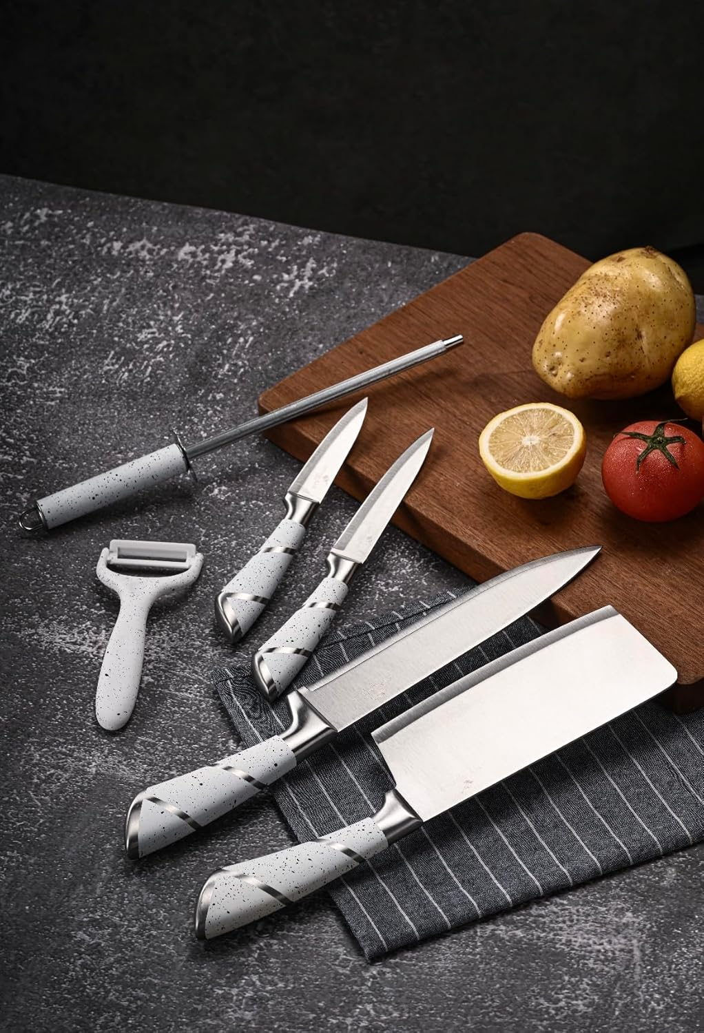 Knife Set 9Pc Stainless Steel, Professional Chef Knives with Ultra Sharp Blade, 360 Degree Rotating Block Stand, Pristine Marble White image number 3