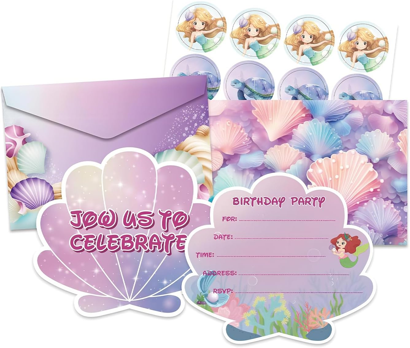 12 Sets Birthday Invitations Girl with Envelopes, Funcyboo Mermaid Party Invitations with Stickers Shell Mermaid Invitation Kit for Girls Party Supplies Kids Birthday Baby Shower Party image number 2