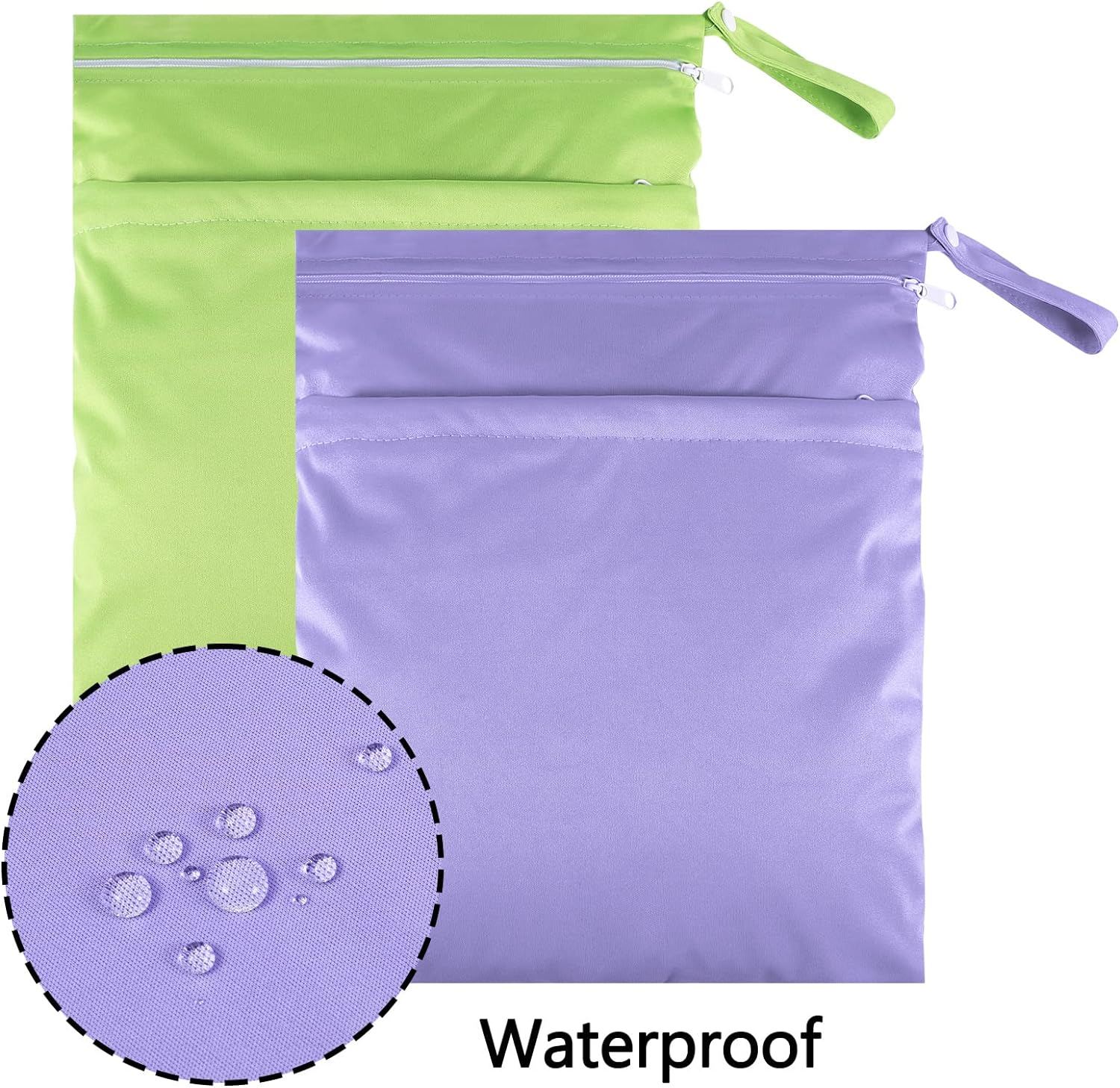 2 Packs Wet Bag, Waterproof Wet Dry Bags Reusable Washable Cloth Diaper Bags Nappy Bags with Double Zipper Pockets for Baby Items Wet Clothes Swimming Gym Pool Beach Bag, Purple+Green, - Blue+Green image number 4