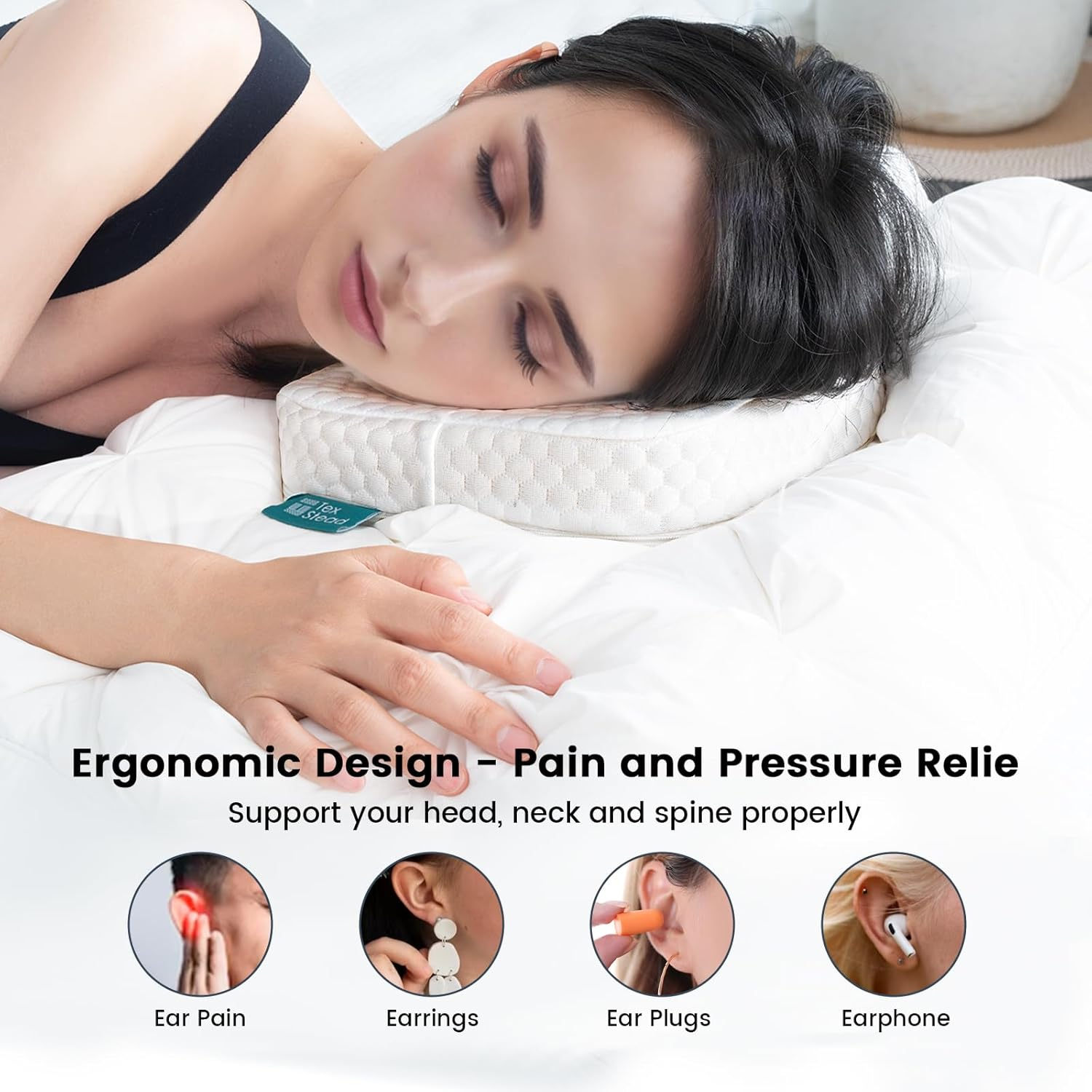 TEXSTEAD Ear Piercing Pillow for Side Sleepers, Memory Foam Pillow with an Ear Hole for CNH Ear Pain Ear Inflammation Pressure Sores, Square Ear Guard Sleeping Pillow - Dark Gray image number 6