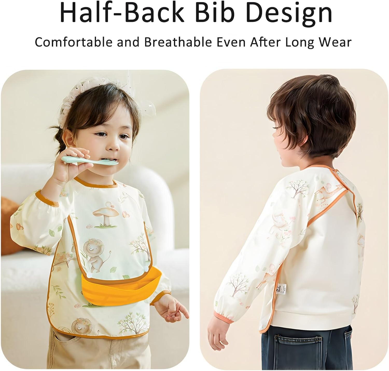 Long Sleeve Bib with Silicone Catch Pocket, Waterproof Feeding Bibs for Toddlers, Machine Washable, Baby Smock Bib for Mealtime & Playtime image number 1