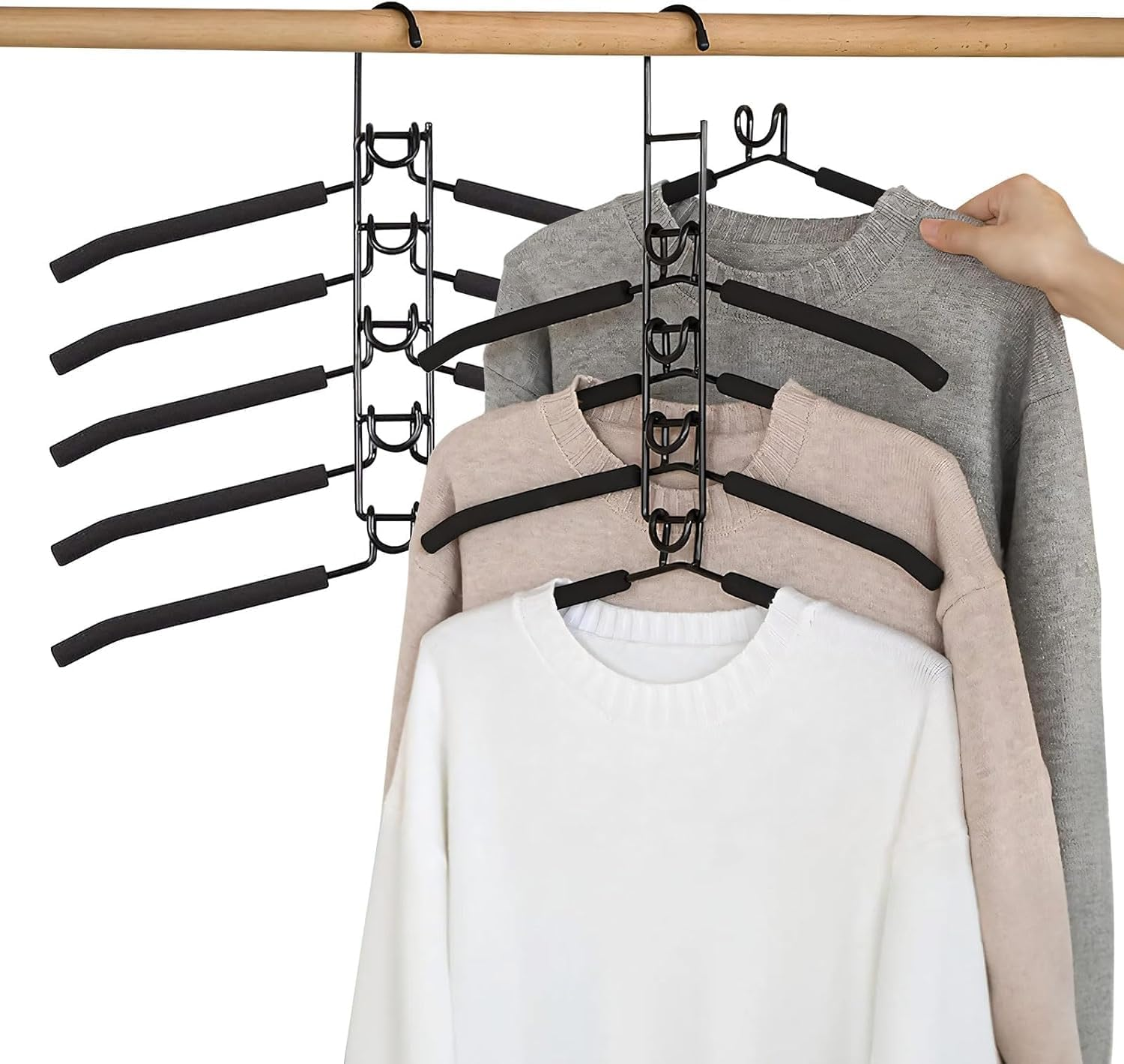 Clothes Hangers,2 Pack 5 in 1 Hangers Space Saving, Heavy Duty Non-Slip Hangers with Padded Foam, Closet Organizer for Shirt,Pant,Coat,Suit (Black) (Black 2 Pack)