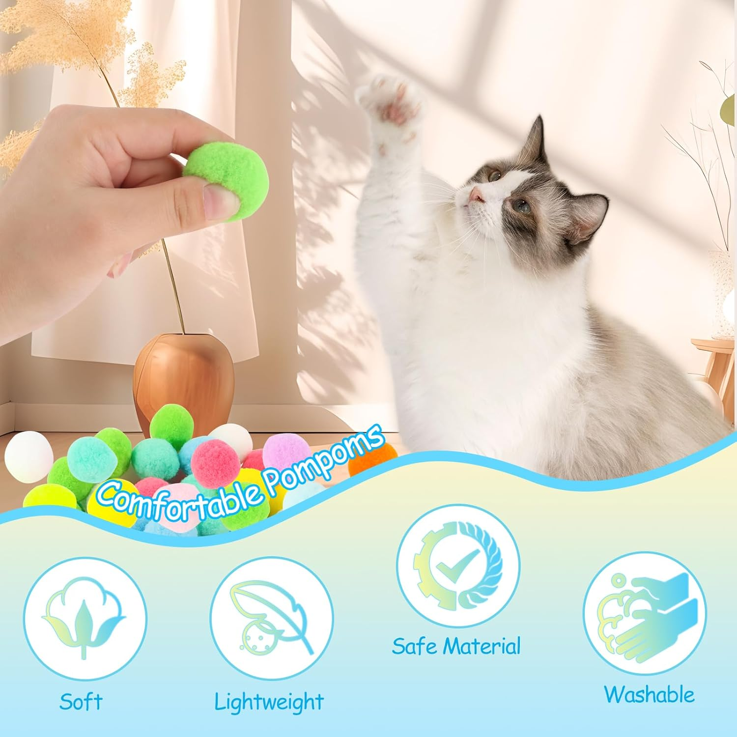 MXTIMWAN Cat Toy Cat Pompom Ball, Pack of 103 Cat Toy Balls with Cat Toy Launcher, Interactive Cat Toy Ball, Cat Felt Balls Toy for Indoor Pets Cats Dogs image number 5