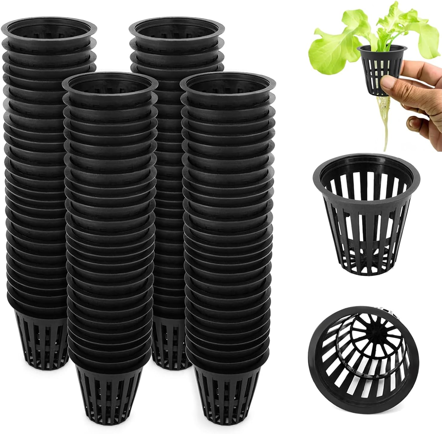 Yharnamite 50 Pcs Garden Slotted Mesh Net Cups, 2" round Hydroponic Net Pots Cups, Wide Lip Bucket Basket for Hydroponics for Hydroponics & Aquaponics, Indoor and Outdoor Plant Growth (Black-50)