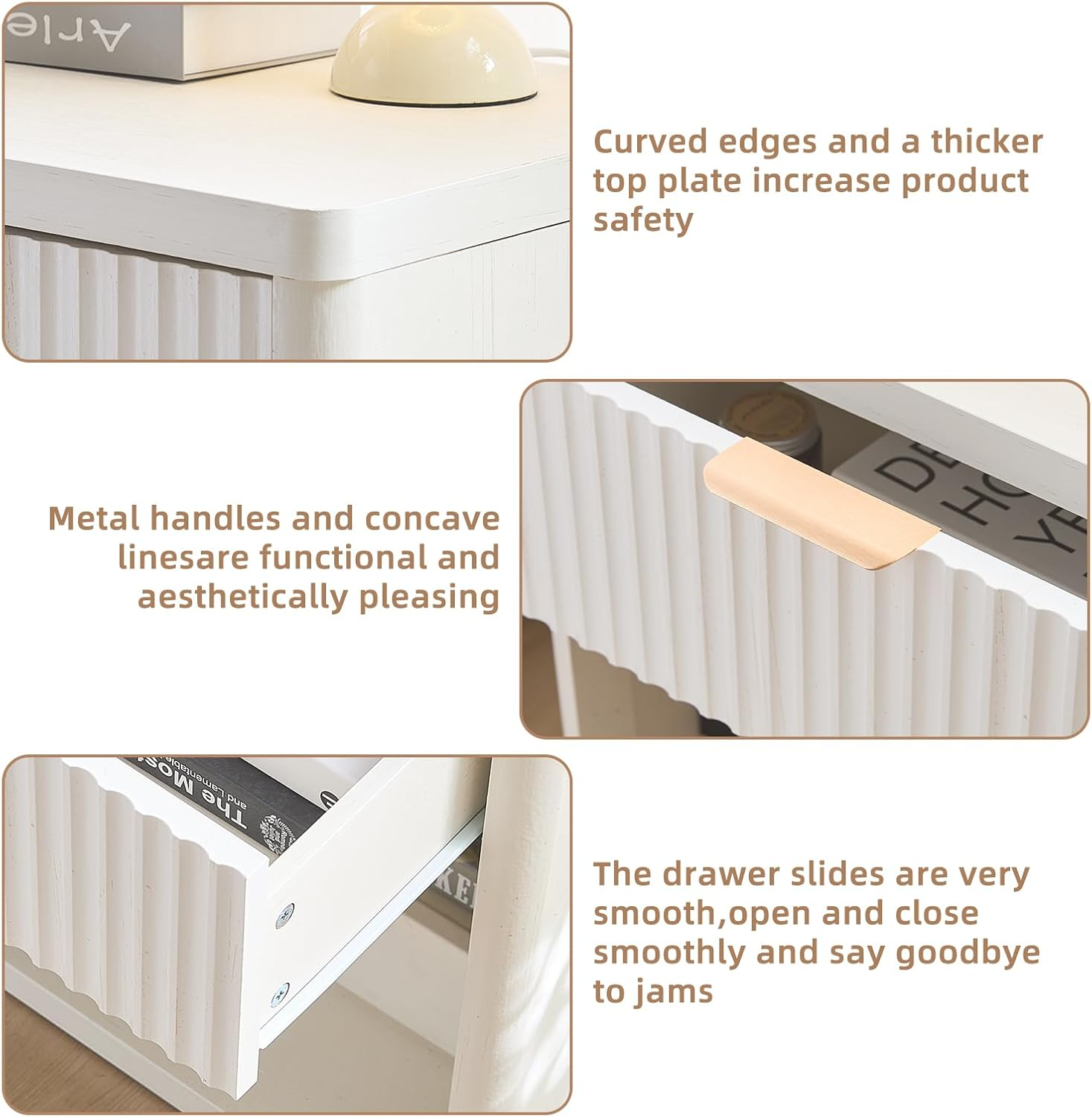 LELELINKY 58 X 39 Cm Fluted Bedside Table with 1 Drawer,Modern White Bed Side Tables Storage Chest of Drawers with Open Shelf,Wood Nightstand Cabinet with Metal Handles for Bedroom,Living Room image number 6