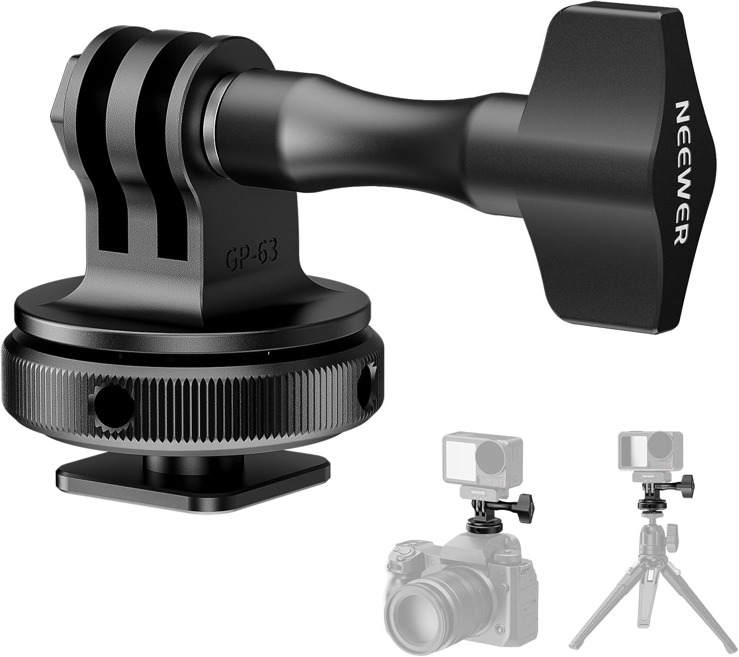 NEEWER Action Camera Cold Shoe Mount Adapter Compatible with Gopro Accessories Go Pro DJI Insta360 AKASO, Metal 1/4" Thread Hot Shoe Mount for Mini Tripod Selfie Stick, 180&deg; Tilt, GP-63 image number 4