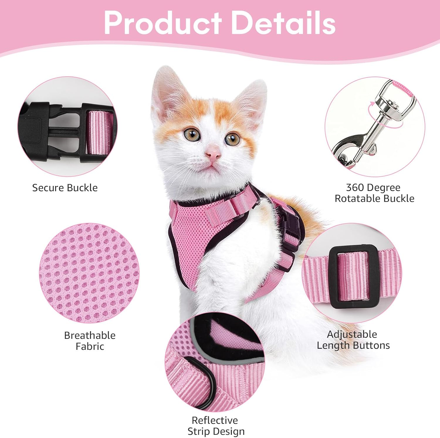 Pink Kitten Harness, Adjustable Soft Cat Harness Set, Cat Harness Kitten with Reflective Strips, Cat Lead with Harness for Cats, Cat Harness for Small, Medium Kittens (XS) image number 6