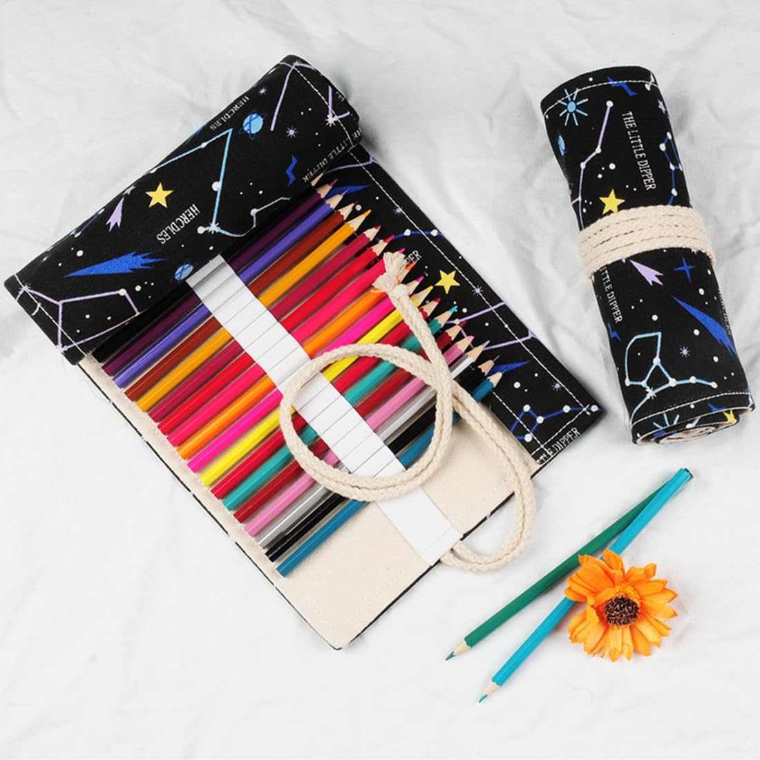 RGZD Canvas Roll up Pencil Case with 24 Compartments for Colored Pencils, Ideal for Sketching, Drawing and Writing, Night Sky Design, Colour image number 1
