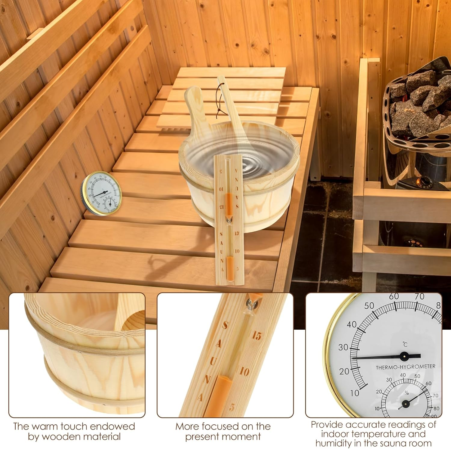 4PCS Sauna Accessories Set, Wood Sauna Bucket Sauna Spoon 2 in 1 Sauna Thermometer Hygrometer Hourglass Timer, Easy to Use Sauna Kit Suitable for Home, Steam Saunas Room image number 4