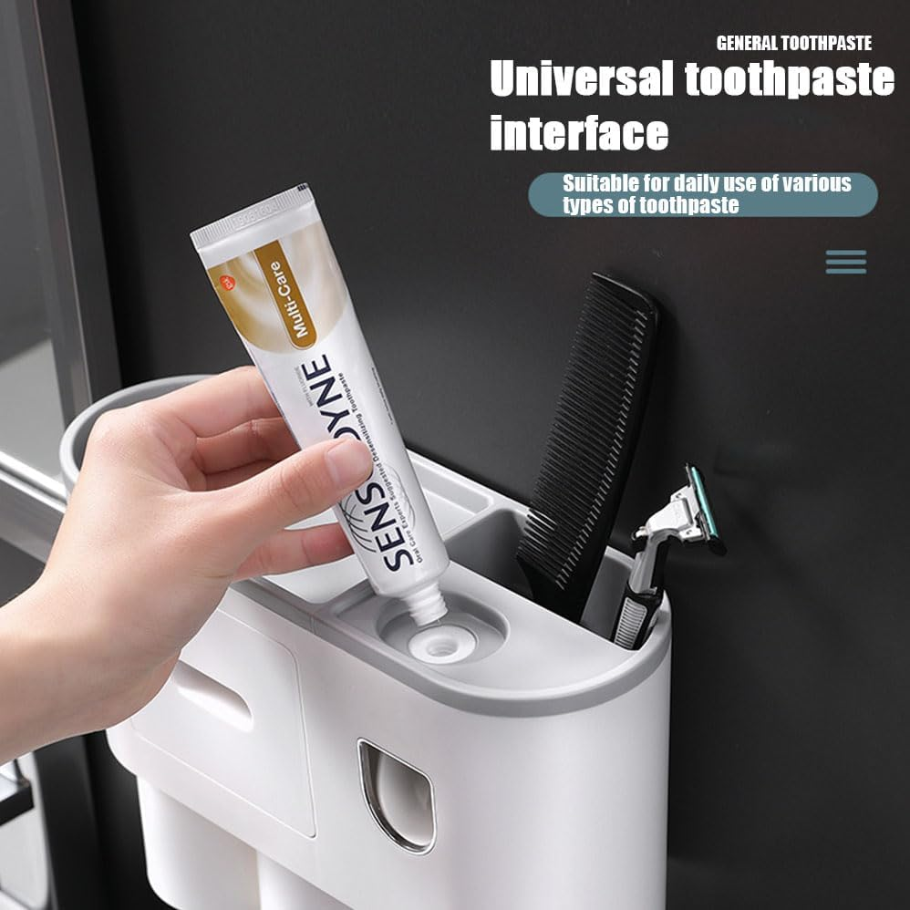 Bathroom Wall Mounted Double Cup Toothbrush Holder, Punch-Free. Automatic Toothpaste Squeezer. Large Capacity Tray, Cosmetic Drawer. image number 4