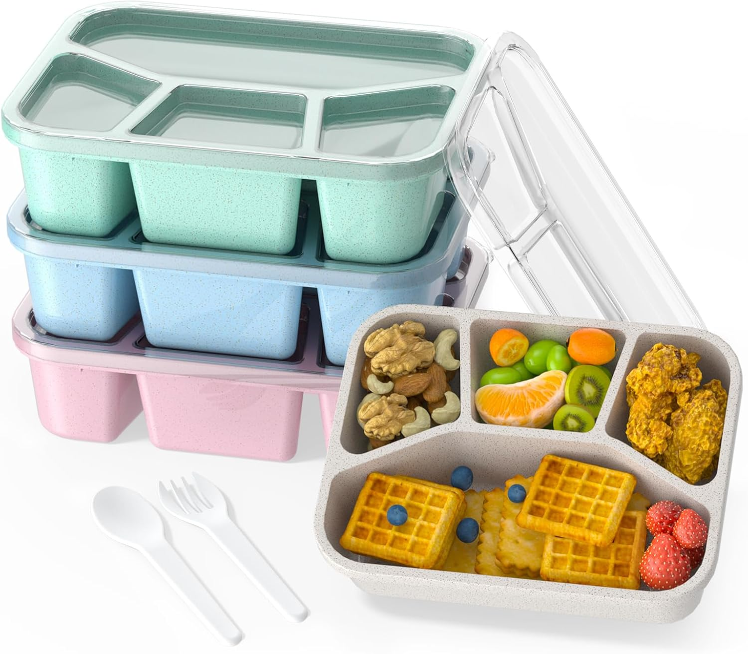 Bento Lunch Box and Snack Containers - 4 Compartments, Durable and Safe Lunch Containers for Adults Kids with Transparent Lid, Microwave Safe, BPA Free - Set of 4 (Wheat (Green/Blue/Pink/Beige)) image number 3