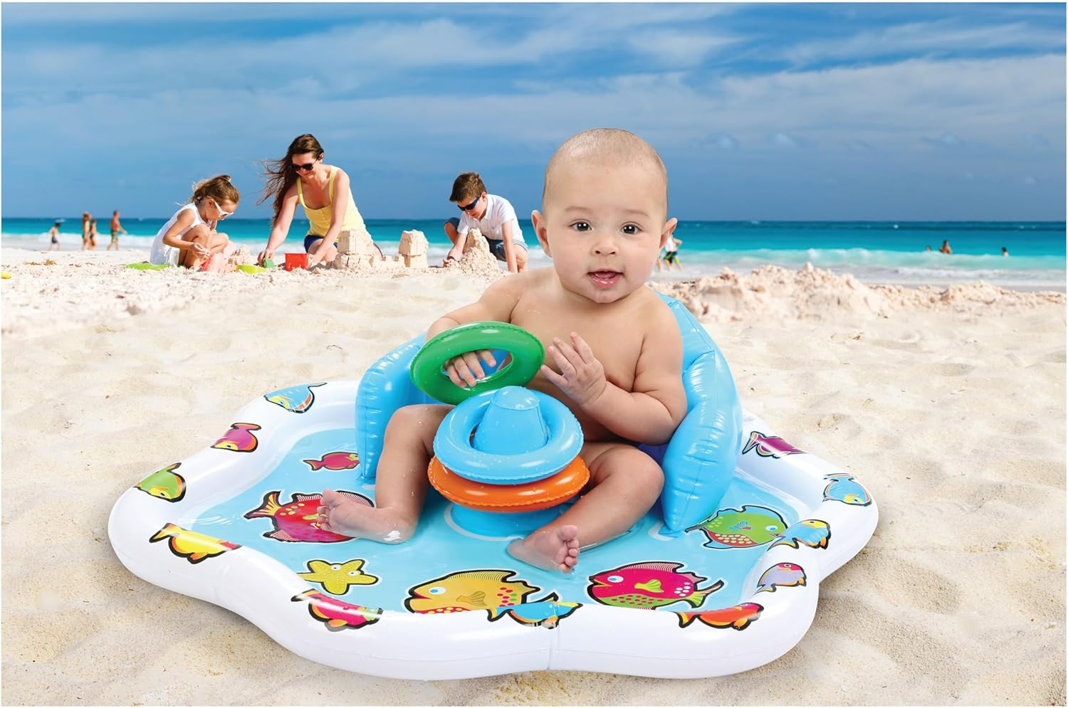 Inflatable Baby Splash Mat with Backrest & Fun Stackable Rings | Inflatable Infant Pad/Pool | Summer Fun for Baby