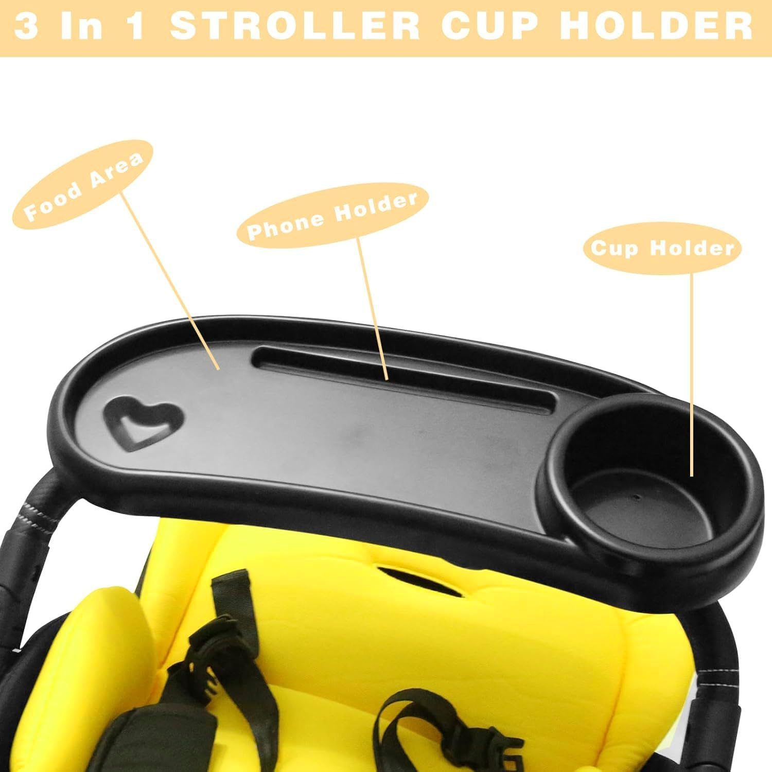 Universal Stroller Snack Tray with 3-In-1 Design, Phone Holder, Food Area, Cup Holder, Black, ABS Material, Fits Most Stroller Armrests image number 3