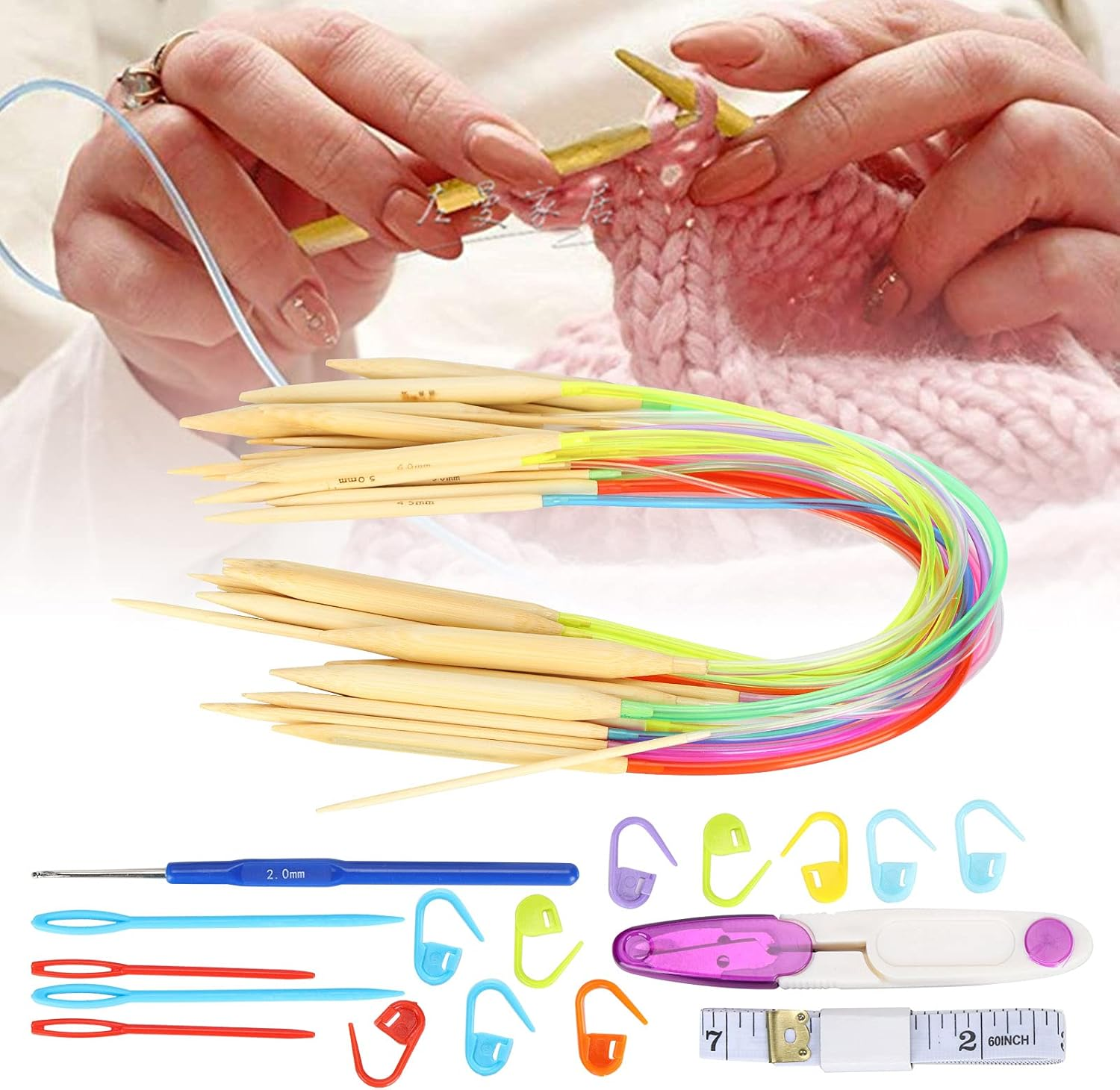 Knitting Needles Set, 18Pcs Circular Needle Bamboo for Knitting Scarves for Sweaters(40Cm+Accessories Bag) image number 6