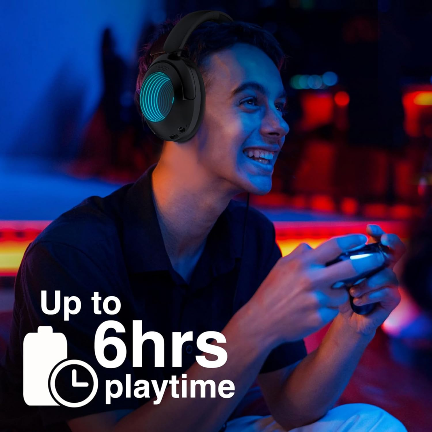 Laser Infinity RGB Light Bluetooth Headphones with Built-In Mic, 6 HRS Playtime, Touch Controls - Supports Bluetooth 5.4, AUX, Micro SD, USB C Charging, Black image number 2