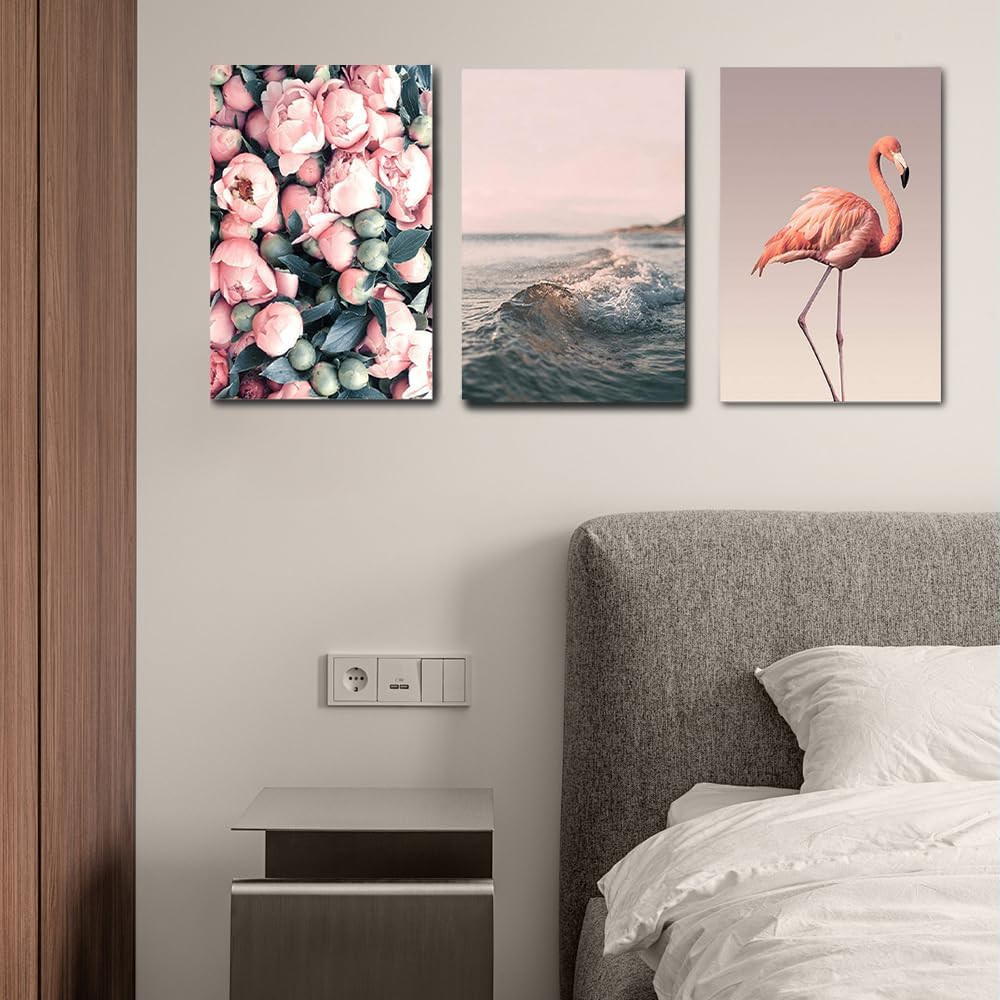 3 Pcs Romantic Flamingo Rose Wall Paintings, Animal Painting Modern Wall Art Home Decor, Contemporary Bird Wall Decor, Framed Wall Art for Living Room, Bedroom, Apartment, 40X60 CM image number 6