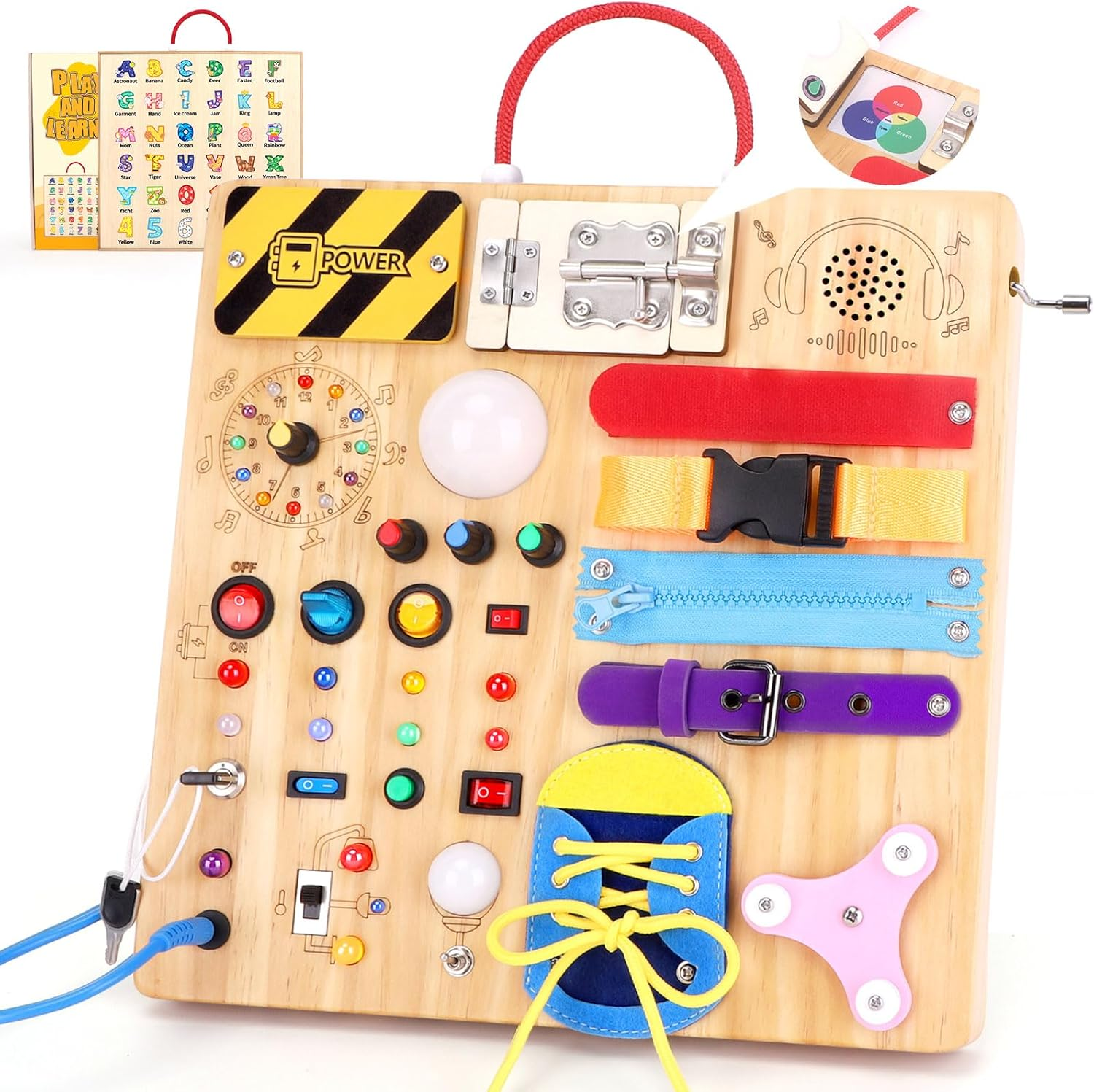 3 in 1 Busy Board Montessori Toys for 1-3 Year Old Wooden Learning Educational for Toddlers with 15 Switches, 26 LED Lights, Music Boxes, Locks,Zippers Toddler Sensory Toys for Soothing a Baby