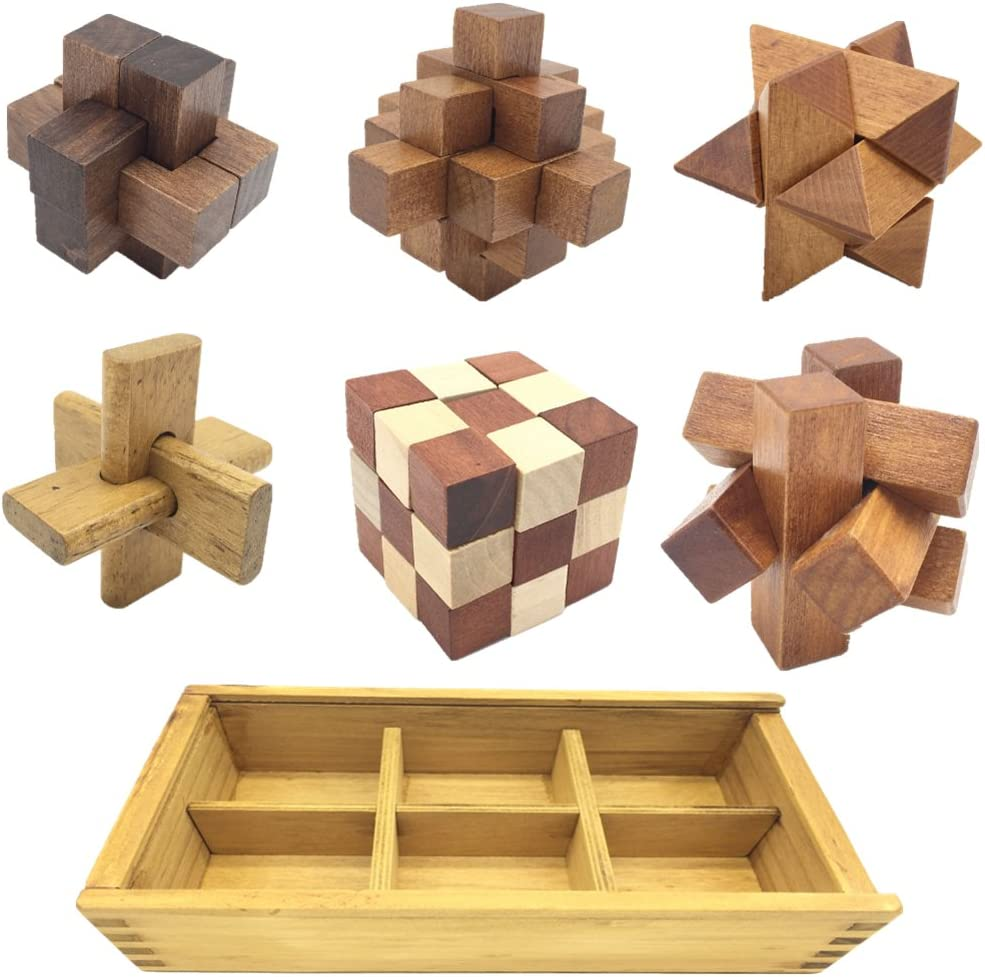 Guaishou 6-In-One 3D Luxury Wooden Brain Puzzle Teaser Kongming Lock for Teens and Adults Includes Storage Box image number 5
