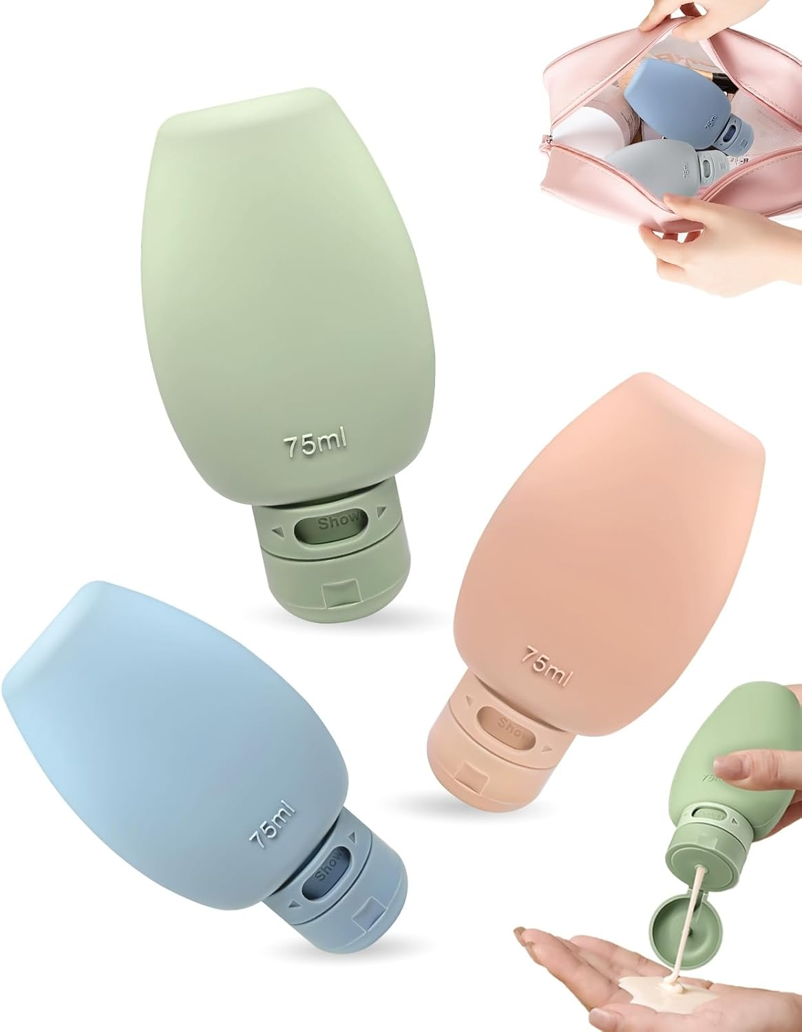 BRARIOS Travel Toiletries Set Skin Friendly Comfortable Silicone Refillable 75Ml TSA Approved Eco-Friendly Portable Durable Toiletries Container 3 Pack Cute BPA Free Leak Proof (Green&Blue&Pink)