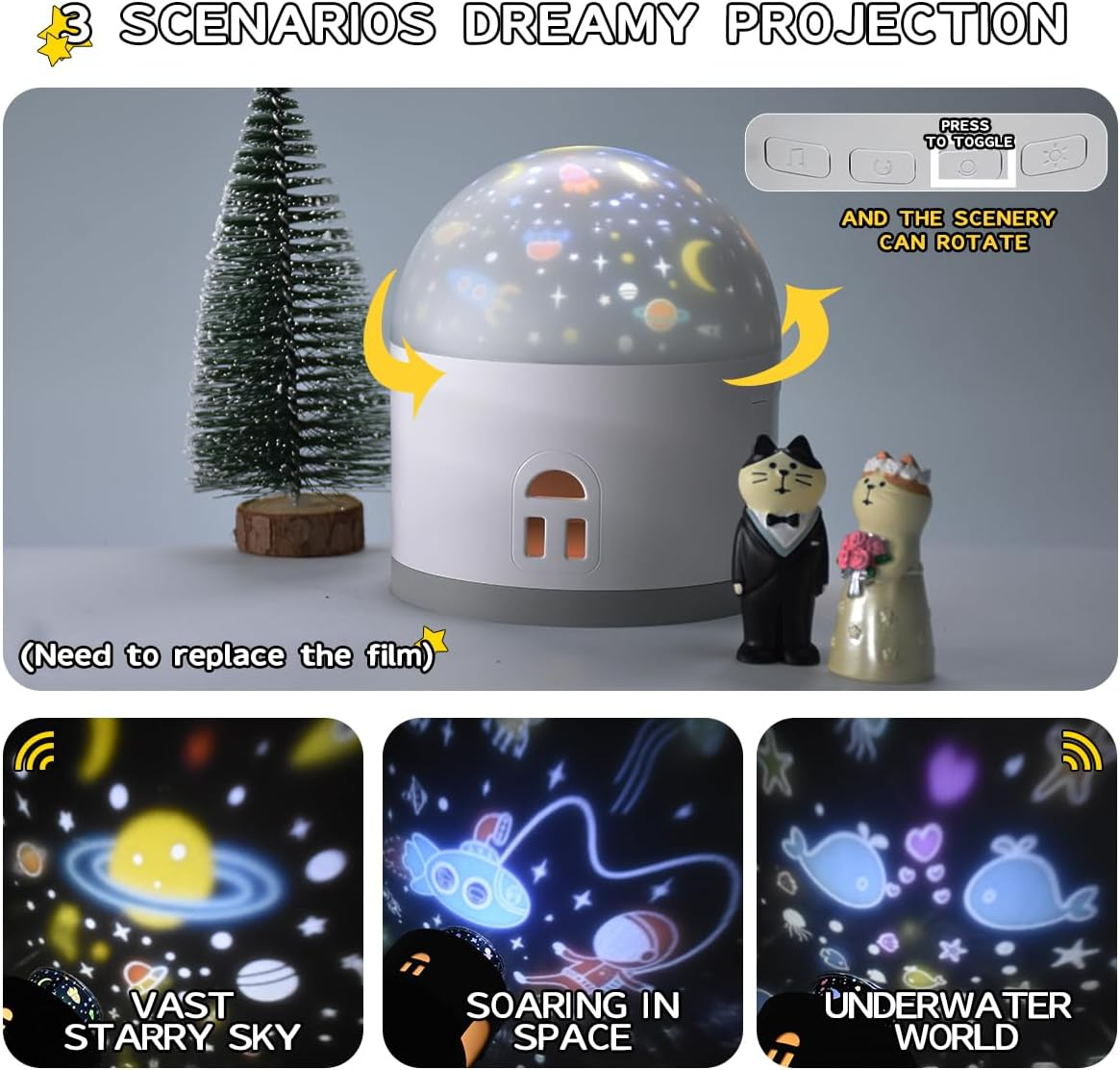 Music Box Rotating Projection Lamp, 2 Projector Modes, 3 Scenarios, Night Light for Kids, LED Portable Night Lamp, Brightness Adjustable, Rechargeable, Fabulous Ideal Gift (Light Pink)