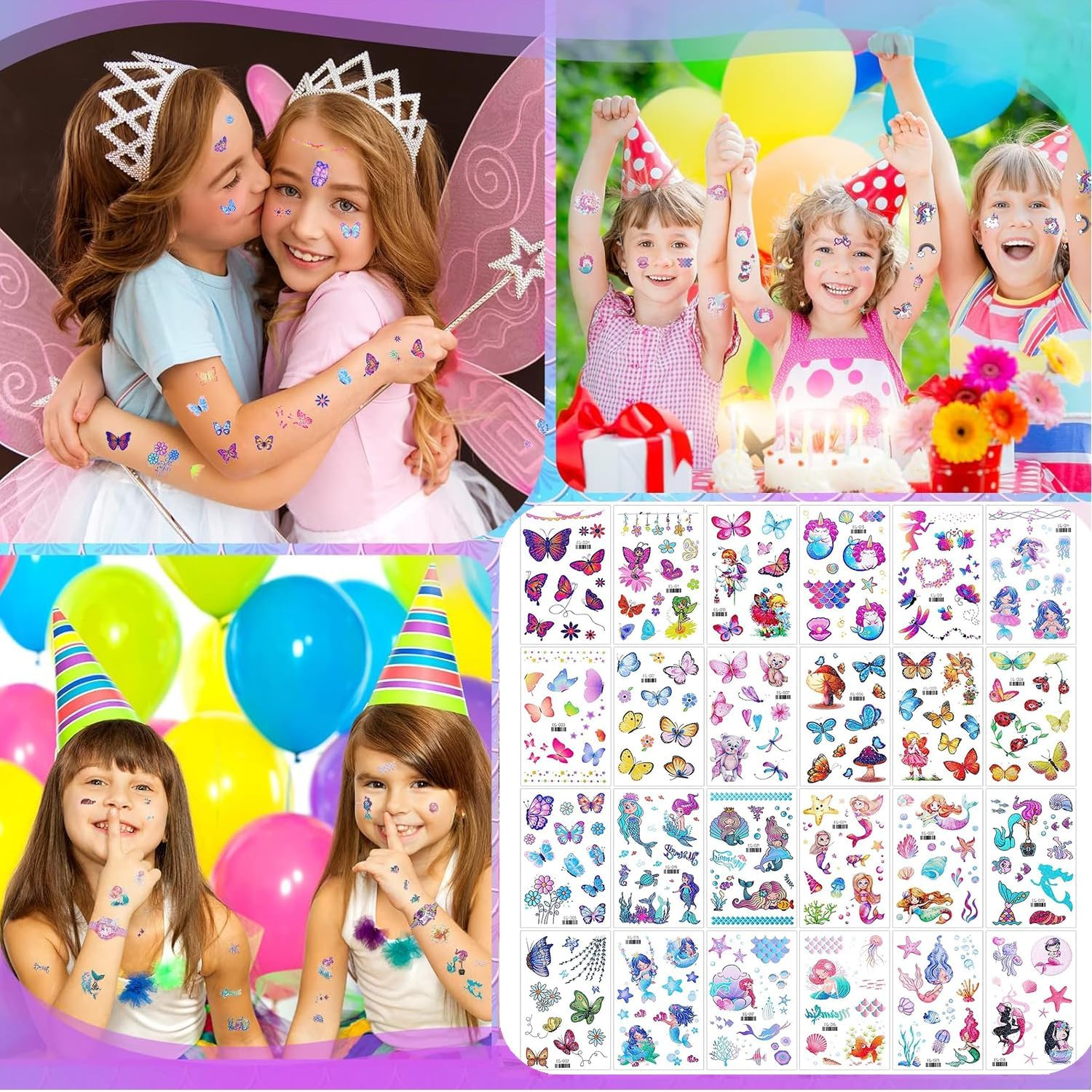 Taicols Glitter Temporary Tattoo for Girls, 24 Pcs Sheets Butterfly Mermaid Fairy Flowers Tattoo Stickers for Kids, Waterproof Fake Tattoos for Birthday Party Favors Goodie Bags Stuffers Party Fillers image number 4