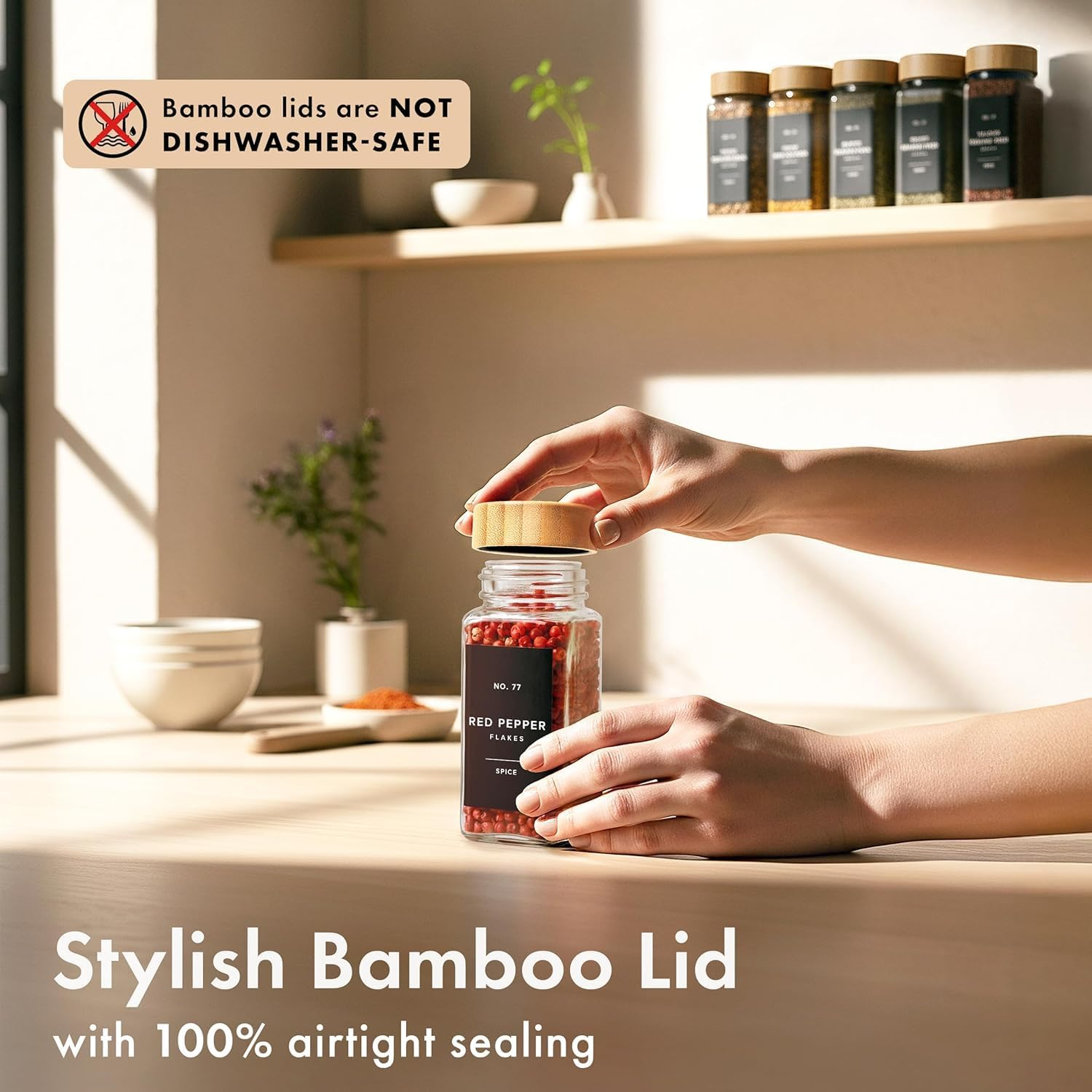 Telfun Square Spice Jars with Bamboo Wooden Lid (Pack of 24) Spice Jars with Shaker Insert and 360 Labels - Bamboo Lid Glass Container for Spice Organisation [4.3 in &times; 1.8 In] image number 5