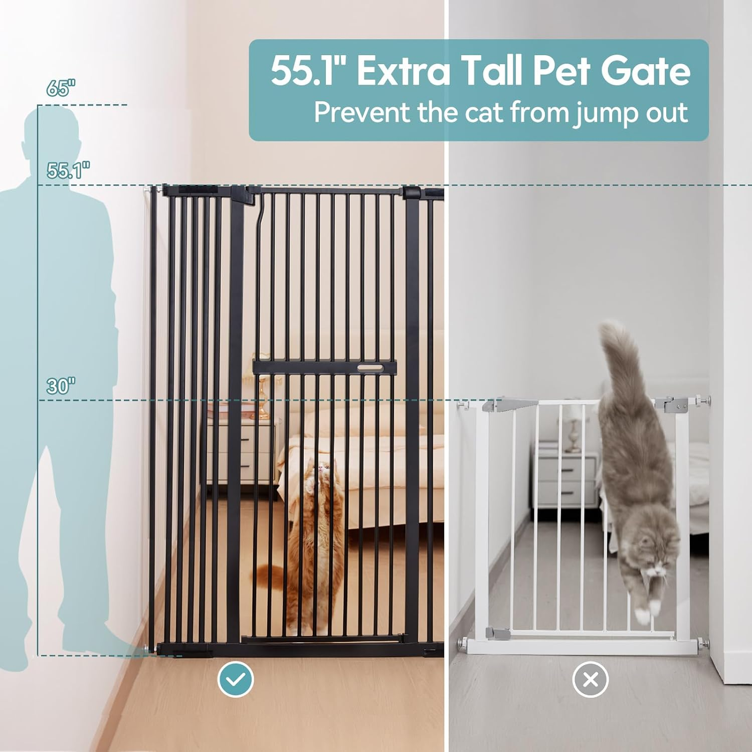 No Pawblems 140 CM Extra Tall Pet Gate, 76-112.7 CM Wide Dog Gates for Doorways & Stairs, Metal Auto Close Cat Gate, Pressure Mounted Dog Gate, NO Tools Needed NO Drilling, Black