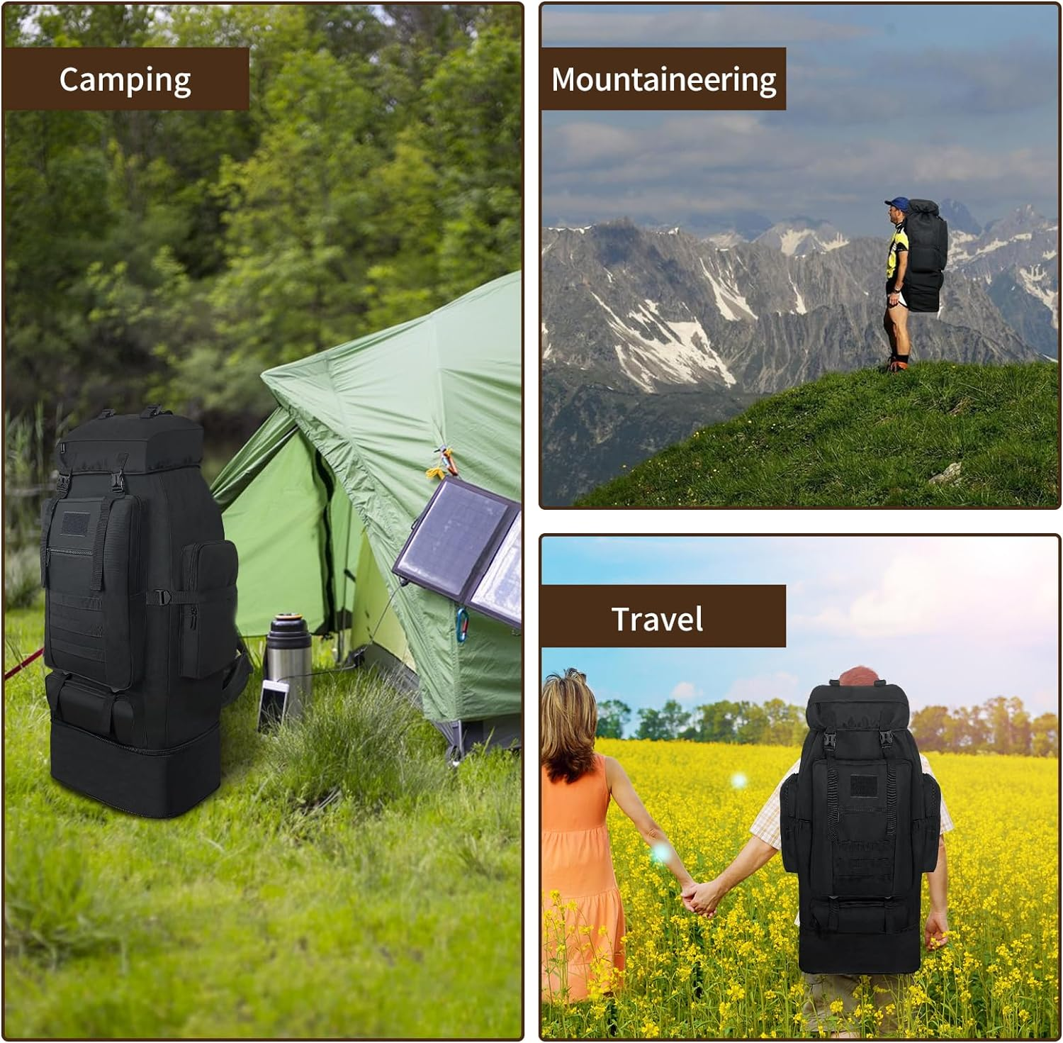 Vaupan Hiking Backpack, 100L Large Camping Backpack, Expandable Waterproof Molle Rucksack, Outdoor Sport Travel Daypack Military Tactical Backpack for Men Women (Black) image number 1