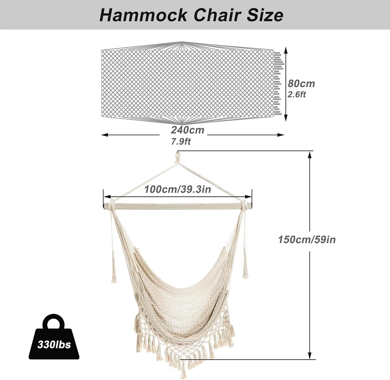 Hammock Chair, Large Hanging Chair, Soft Cotton Rope Swing Chair with High Load-Bearing Metal Rod,Indoor Outdoor Garden Yard Living Room,Max 150Kg image number 4