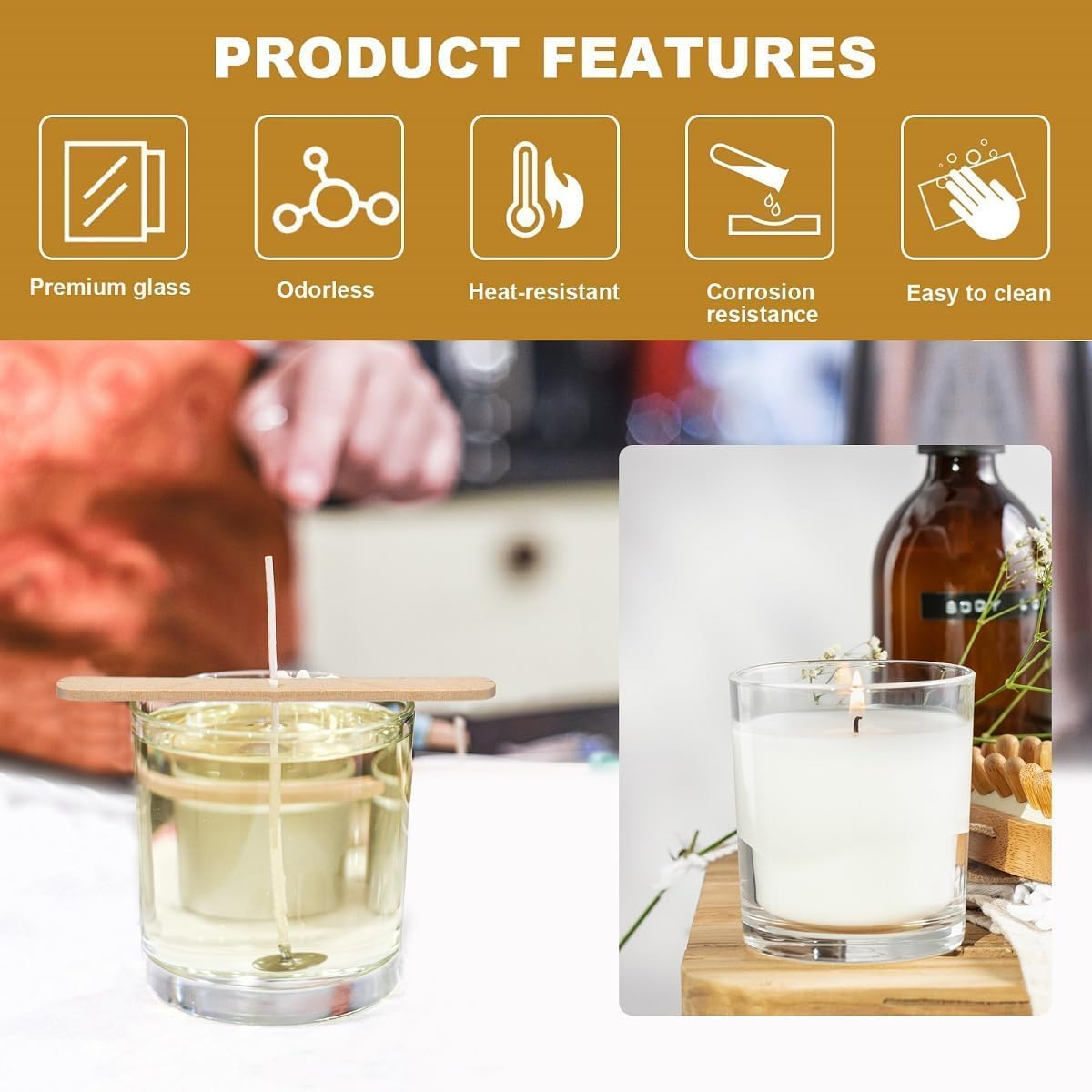 9SHOME 15Pack 7Oz Thick Glass Candle Jars with Bamboo Lids & Labels - Empty Containers for Making Candles, Dishwasher Safe image number 5