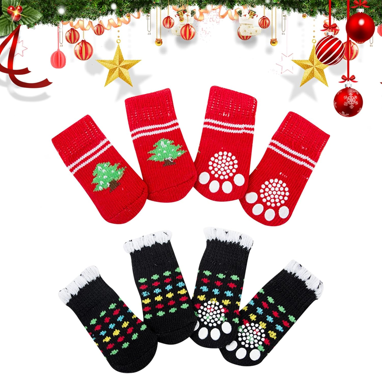 4 Pairs Christmas Dog Socks Anti-Slip Dog Paw Protector Cat Puppy Knit Socks for Indoor Outdoor Grips Traction Control on Hardwood Floor Warm Pet Socks for Small Medium Large Dogs Cat Rabbit (B, L) image number 1