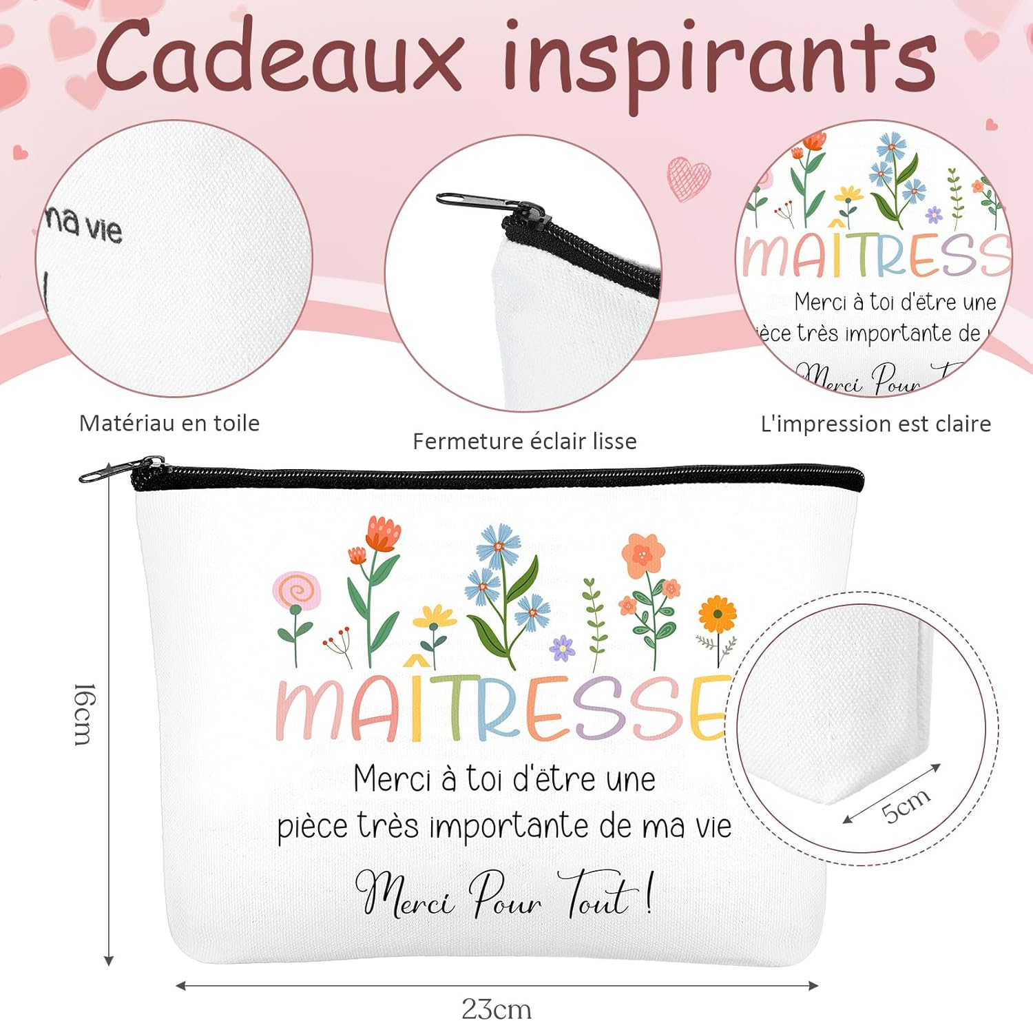 Xuniea Set of 3 Thank You Gift Set for Teachers Includes 1 Cosmetic Bag for Teachers, 1 Makeup Mirror with Magnifying Glass and 1 Double-Sided Keyring with Engraving image number 5