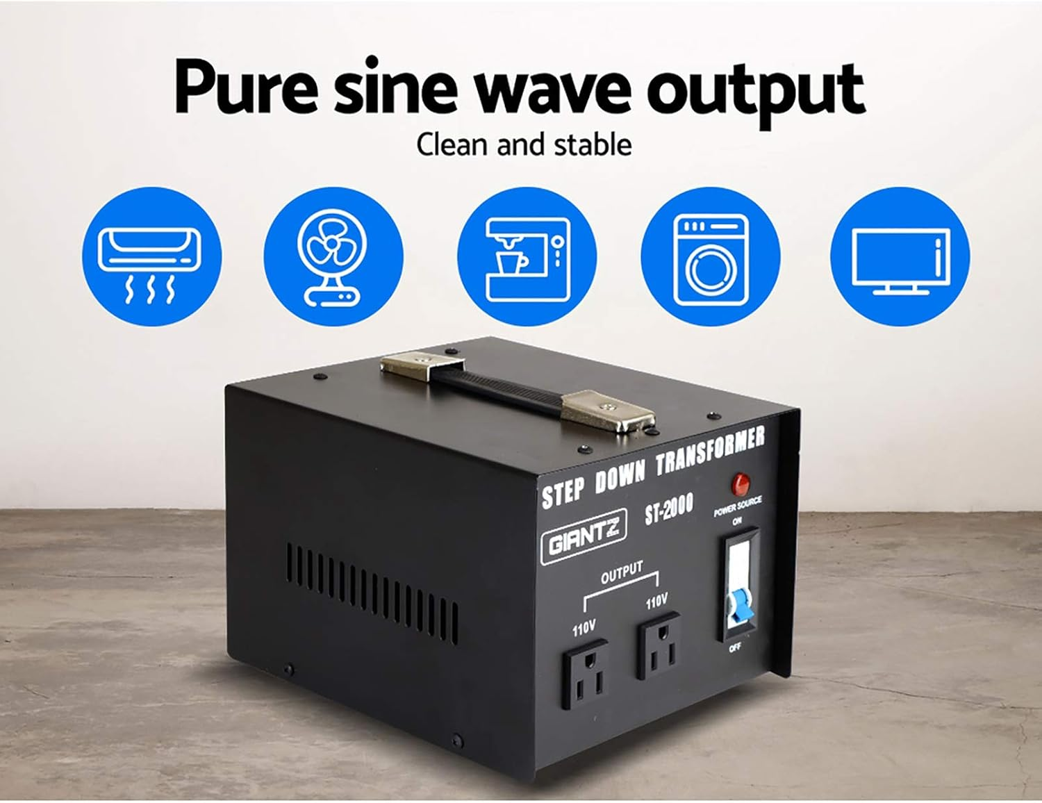 Giantz Step down Transformer 240V to 110V, 2000W Voltage Converter Stepdown Transformers AU-US Home Indoor Power Accessories, Pure Sine Output Ultra-Portable Lightweight with Socket Black image number 4