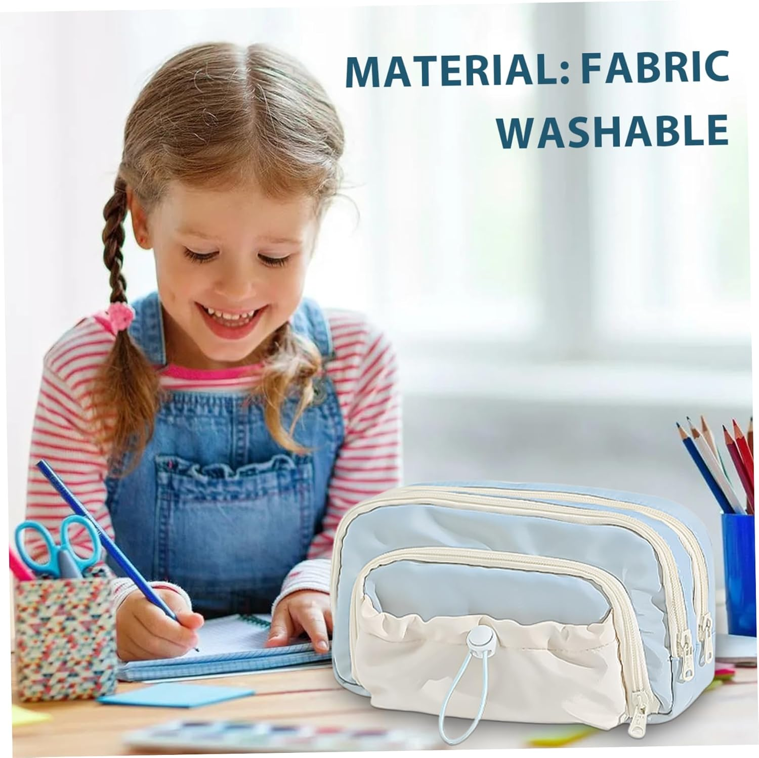 Kawaii Pencil Case, Aesthetic Pencil Case 8.27X5.12X3.94 Large Capacity Pencil Pouch Simply Style Kawaii Pencil Case Blue Pencil Pouch with Zipper Fabric Pencil Bag for Students, Pencil Case image number 4