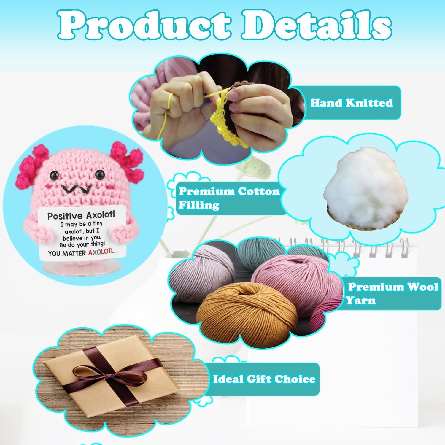 SZMDLX Handmade Crochet Axolotl, Positive Emotional Support Animals Doll Cute Knitted Stuffed Themed Gifts Worry Dolls for Birthdays,Home Office,Party Decorations (Cute Salamander)