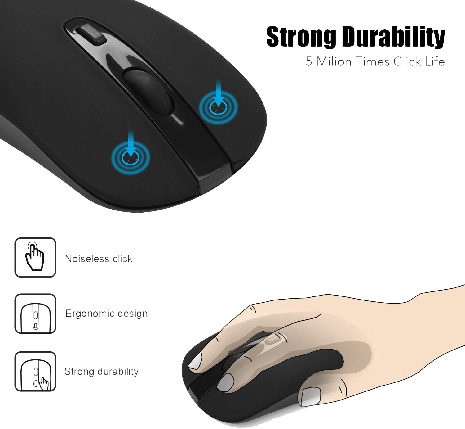 Wireless Mouse, Cimetech 2.4G Computer Mouse Cordless Optical Mice for Laptop, Slim Quiet Wireless Mouse with USB Nano Receiver ... BAT Black - Black image number 7