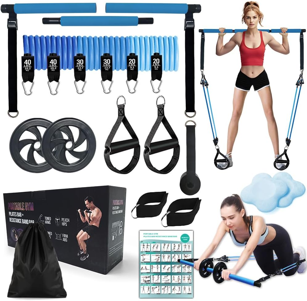 Pilates Bar Kit with 180LBS Resistance Bands(20,30,40 LB),21PCS Pilates Equipment Exercise Bar with Ab Roller, Portable Home Gym Fitness Pilates Bar for Women & Men