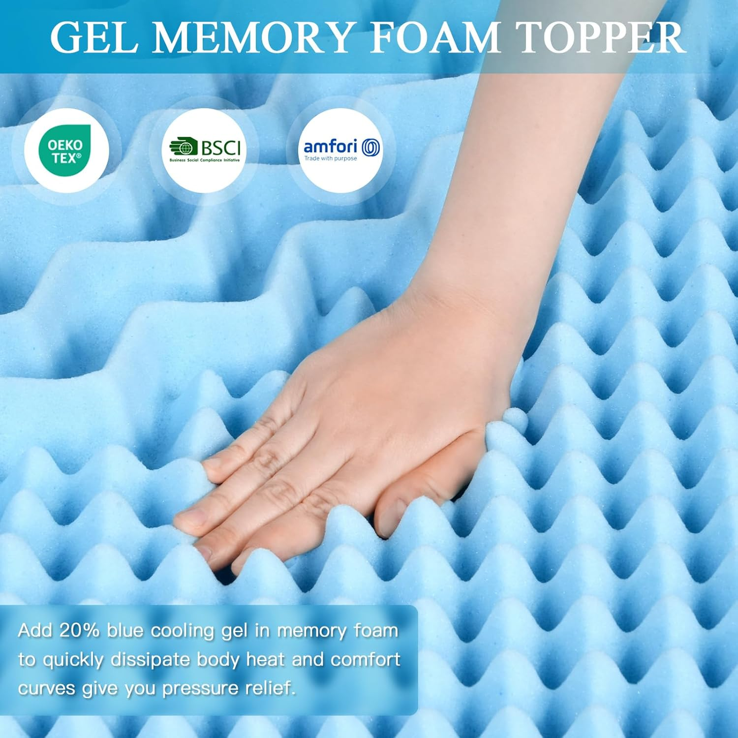 Ufurniture 8 Cm Mattress Topper Memory Foam with Cool Gel Infusion, 7 Zone Blue Egg Crate Foam Bed Topper for Pressure Relief and White Removable Bamboo Fabric Cover (Double)