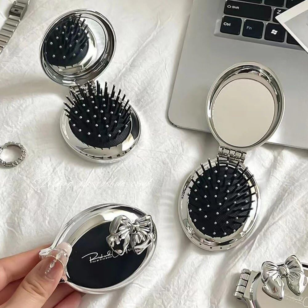 Folding Hair Brush with Pocket Mirror, 3Pcs Travel Size Folding Hair Comb with Pocket Mirror, round Mini Compact Massage Comb Folding Hair Brush with Mirror image number 5