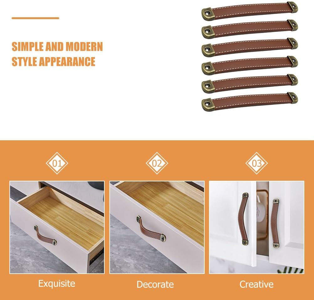 6Pcs Leather Pull Handles for Cabinet Doors and Drawers, Safety Protection Upgrade, Easy Installation, Brown Synthetic Leather, 7.48 * 0.94 * 0.31 Inches, Ideal for Home Decor image number 2