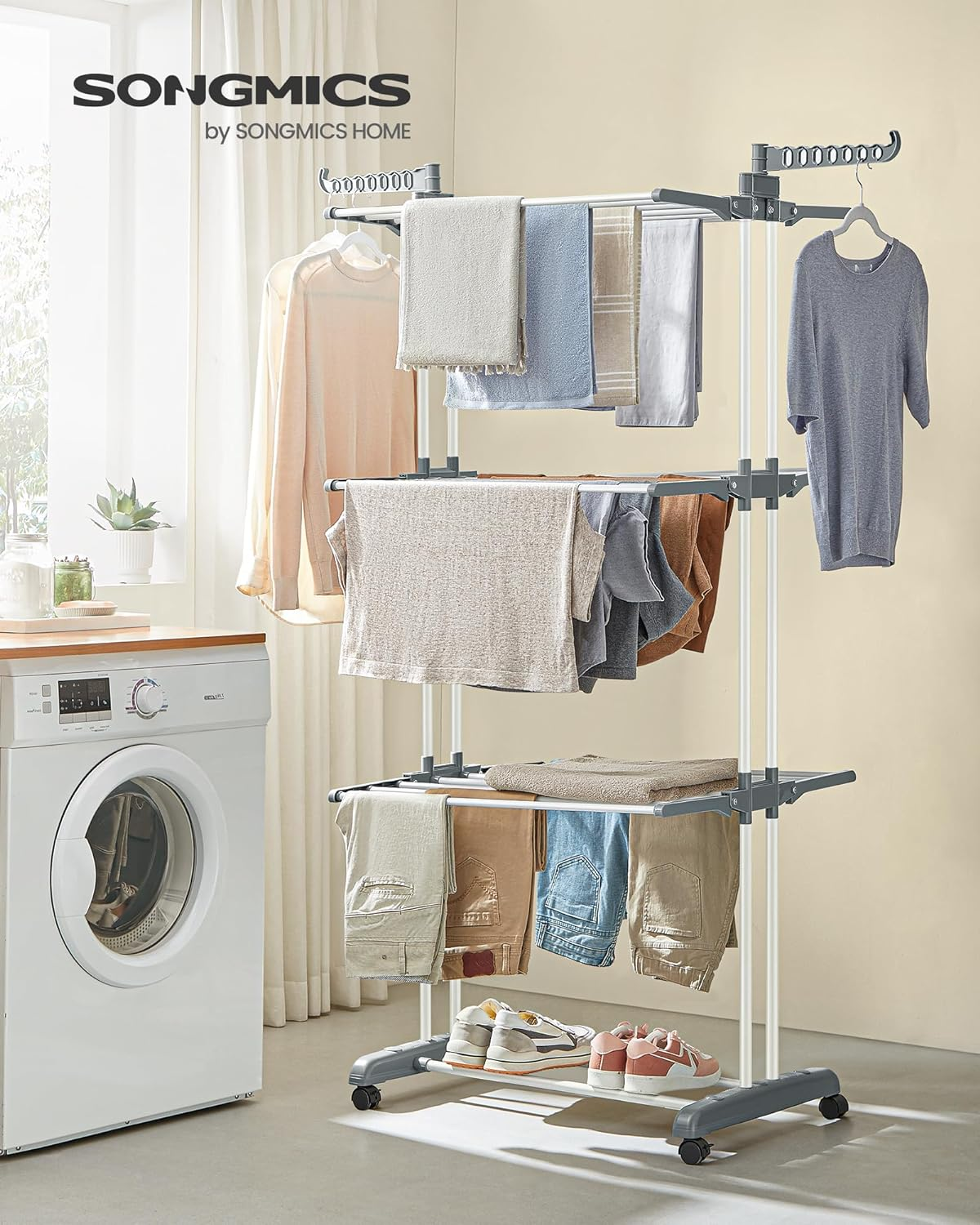 SONGMICS Clothes Drying Rack Stand 4-Tier, Foldable Laundry Drying Rack 67.7-Inch Tall, Stainless Steel, Rolling Clothes Horses Dryer Rack, Easy to Assemble, Indoor Outdoor Use, White ULLR701W01 image number 2