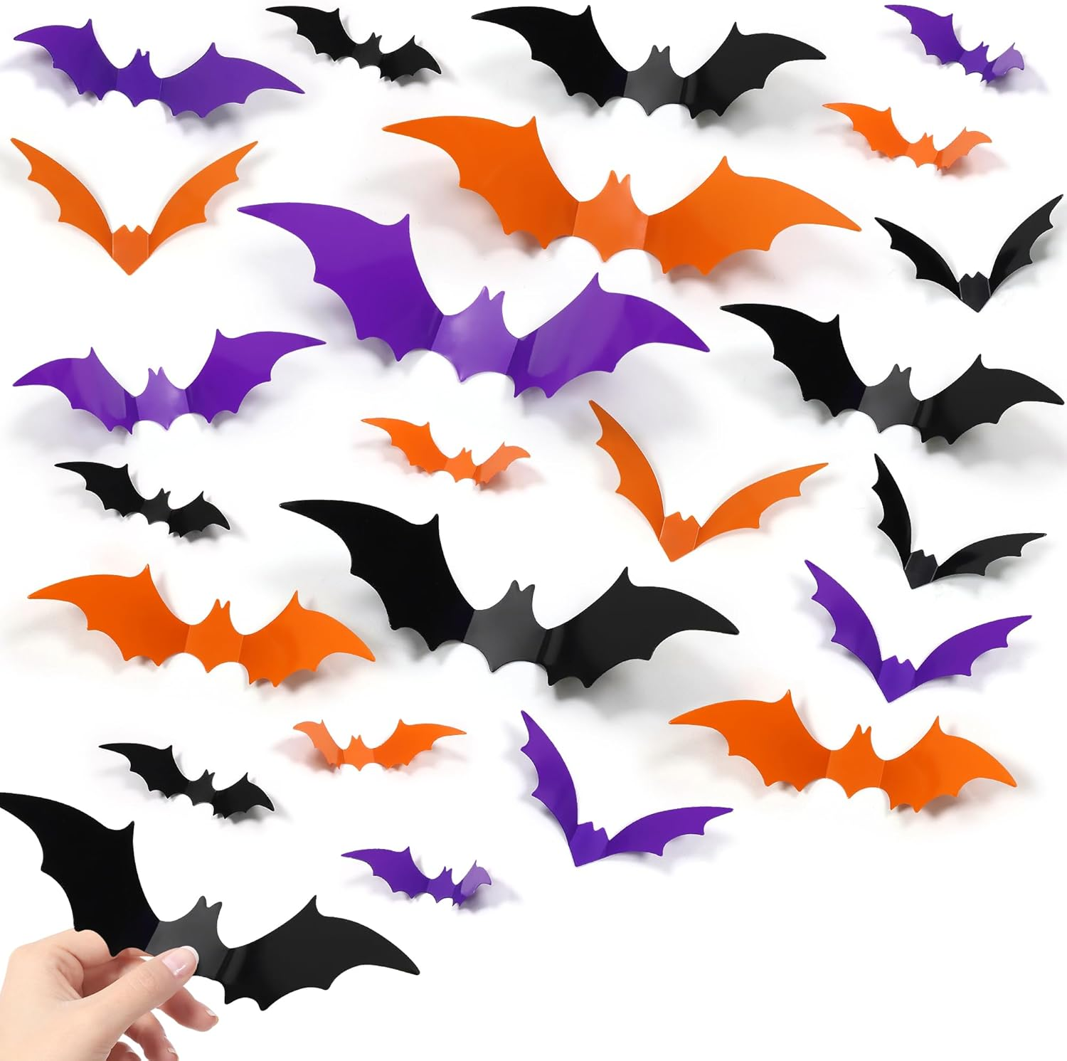 108 PCS 3D Halloween Bats Wall Decor, Realistic PVC Bats Halloween Decoration,Scary Plastic Bat Wall Stickers for Indoor Outdoor Decor (Black Purple Orange) image number 3