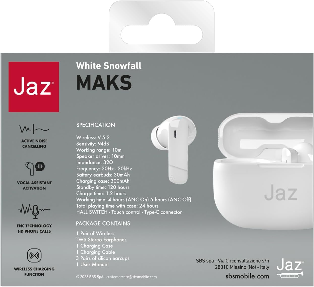 JAZ Maks True Wireless Stereo Active Noise Cancelling Earphones Charging Case HD Microphone Touch Control for Smartphone Tablet Laptop 24 Hours image number 2