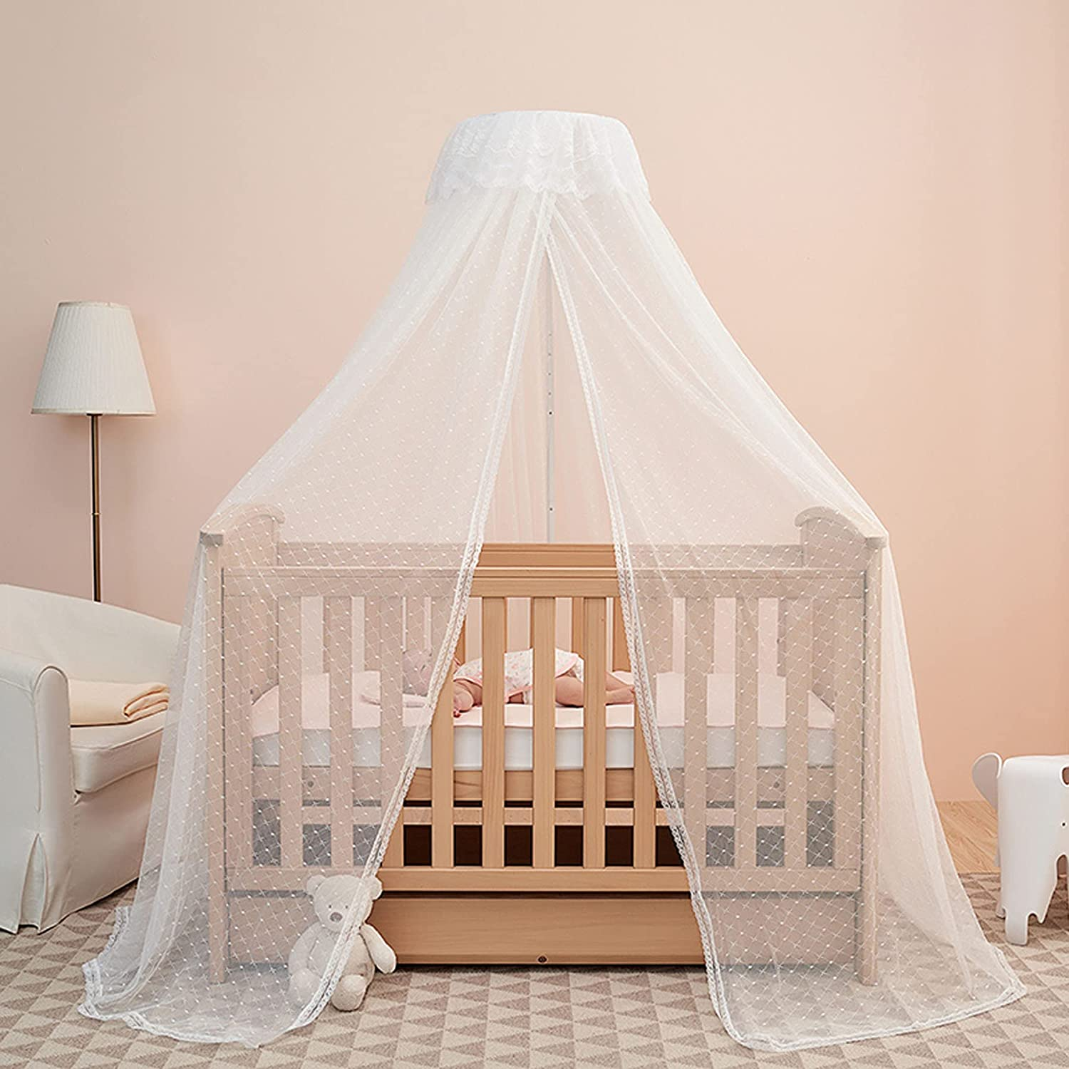 Baby Bed Canopy with Adjustable Clip-On Stand Baby Crib Cot Net Tent Hanging Dome Curtain Netting See through Mesh Bed Cover Net Stand Rod